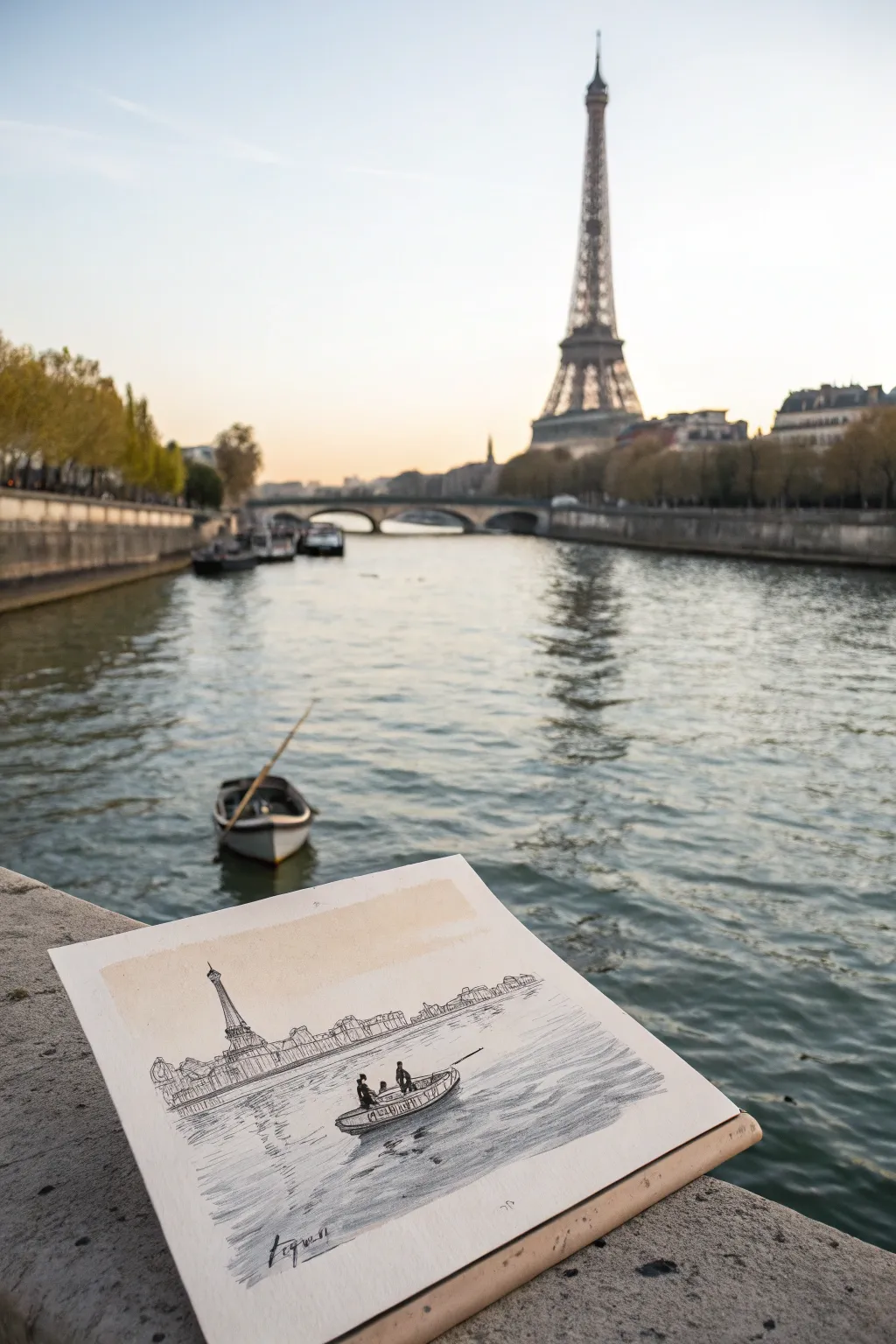 Minimal Seine River drawing with a distant Eiffel Tower, soft reflections, and calm Scandinavian boho vibes