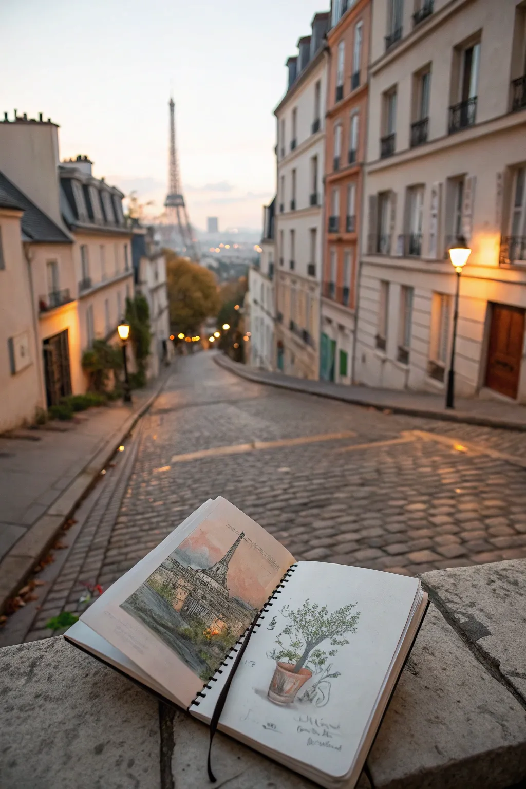 Montmartre hill street sketch with cozy window glow and a subtle Eiffel Tower on the horizon