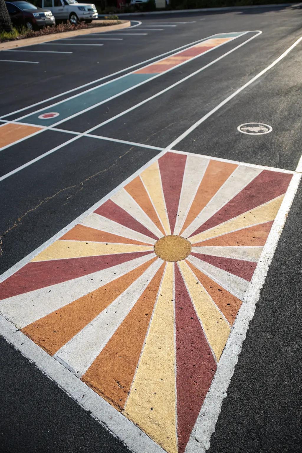 Sunburst parking stall art with a clean blank center for your name, bold and feminine in full sun