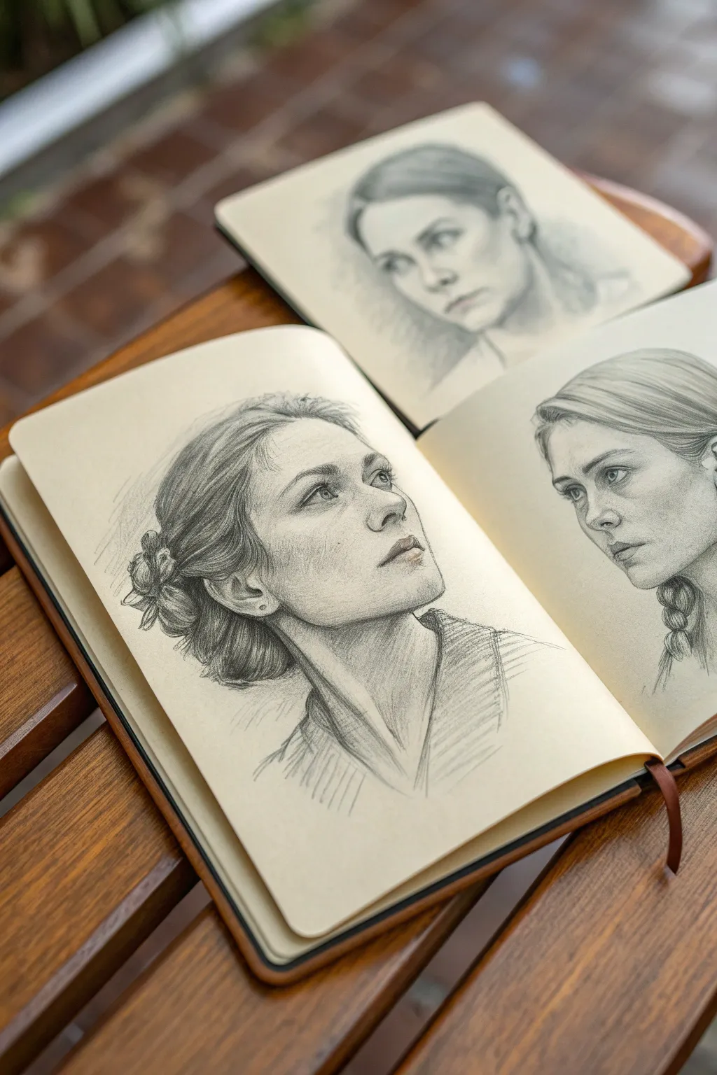 Aging self portrait trio: past, present, future sketches in one calm minimalist spread