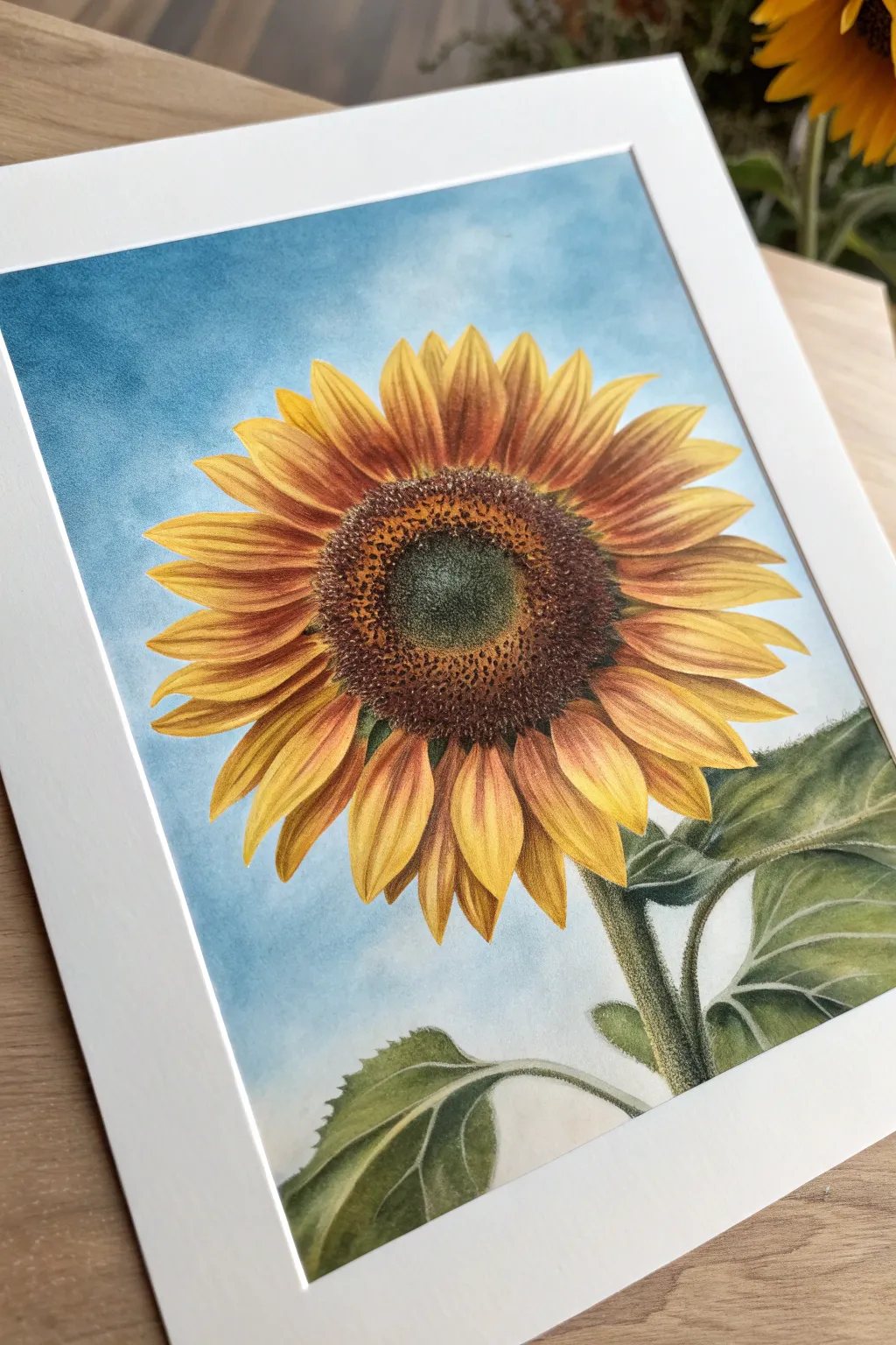Pastel sunflower close-up with layered yellow petals, textured center, and a soft sky blend.