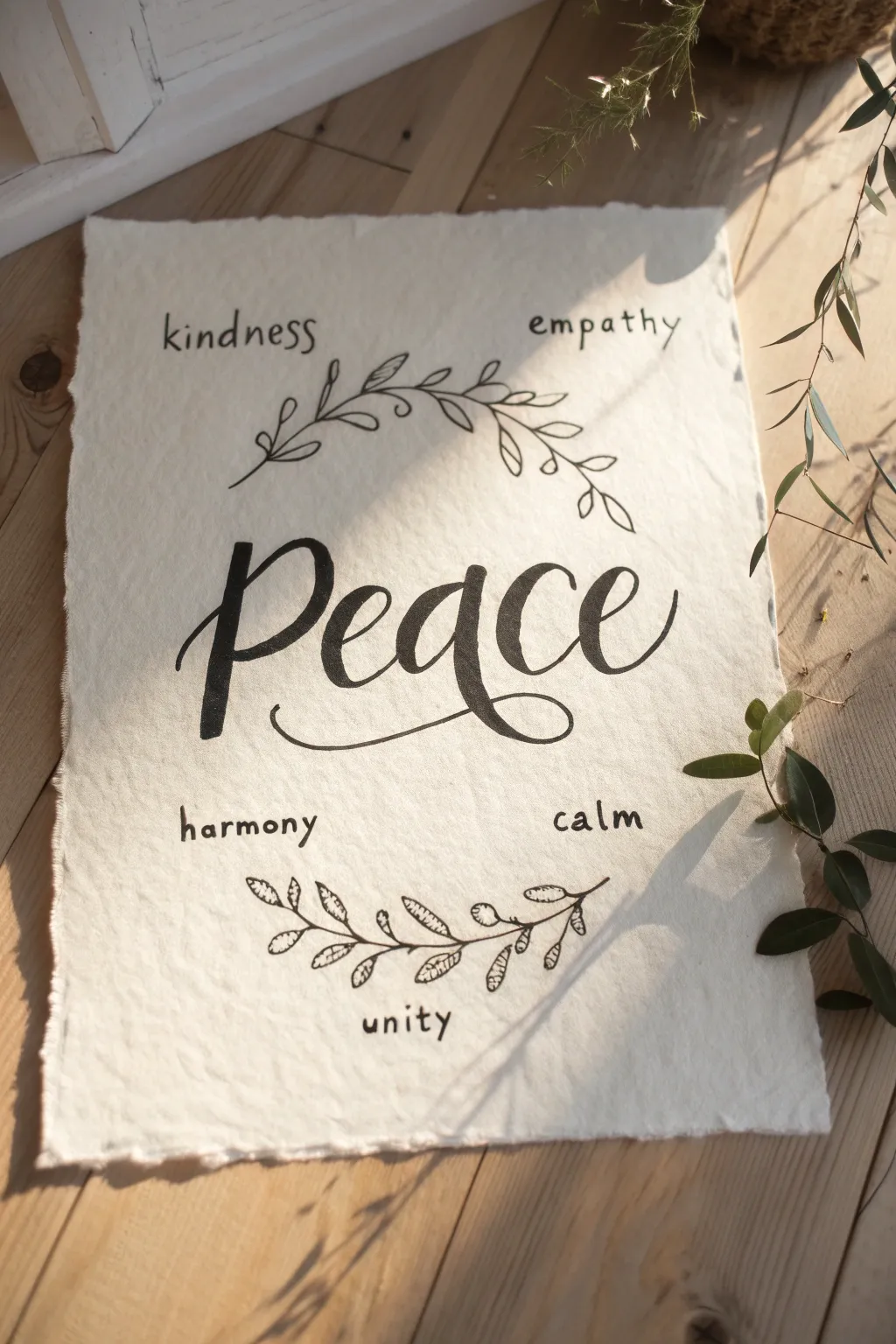 Hand-lettered PEACE word cloud with doves and olive leaves, minimalist boho calm to recreate