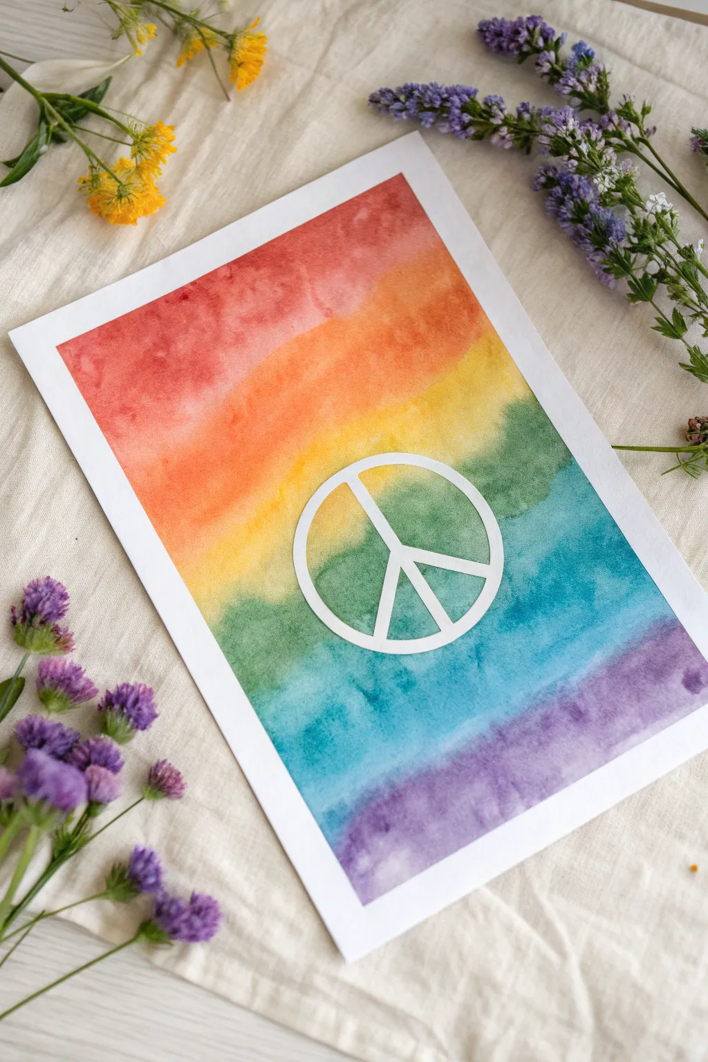 Dreamy rainbow watercolor wash with crisp negative-space peace symbol for calm, minimalist decor