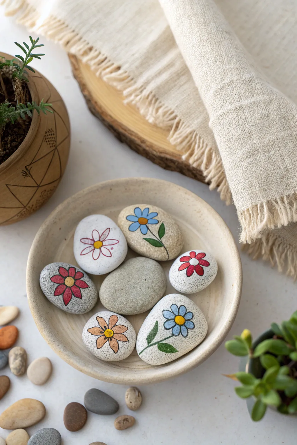 Easy flower garden pebbles: simple painted stones in a calm Scandinavian boho flat lay.