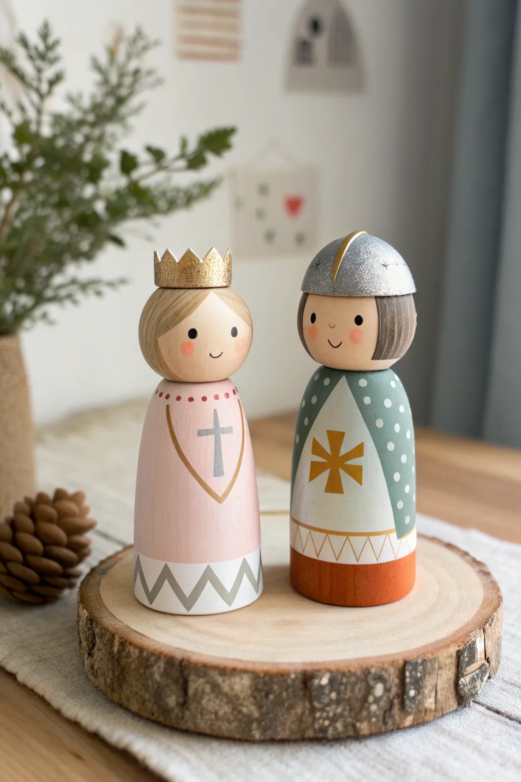 Minimal storybook princess and knight peg dolls with bold heraldry, soft Scandinavian styling