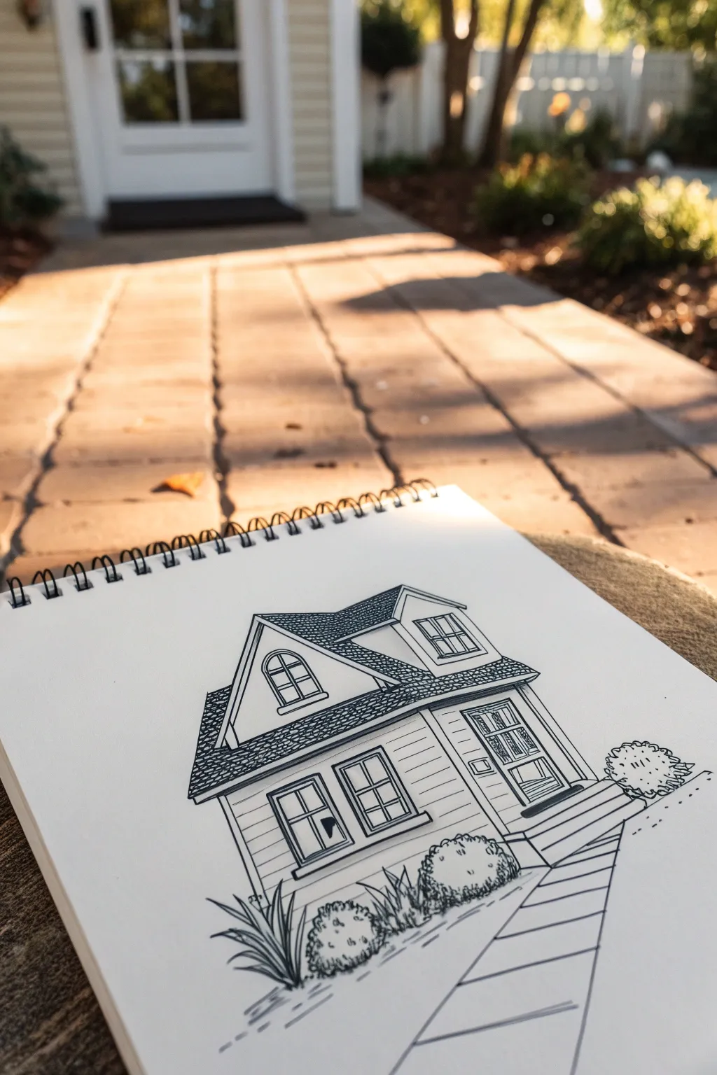 Elegant pen house portrait with tiny architectural details, clean lines, and cozy Nordic charm