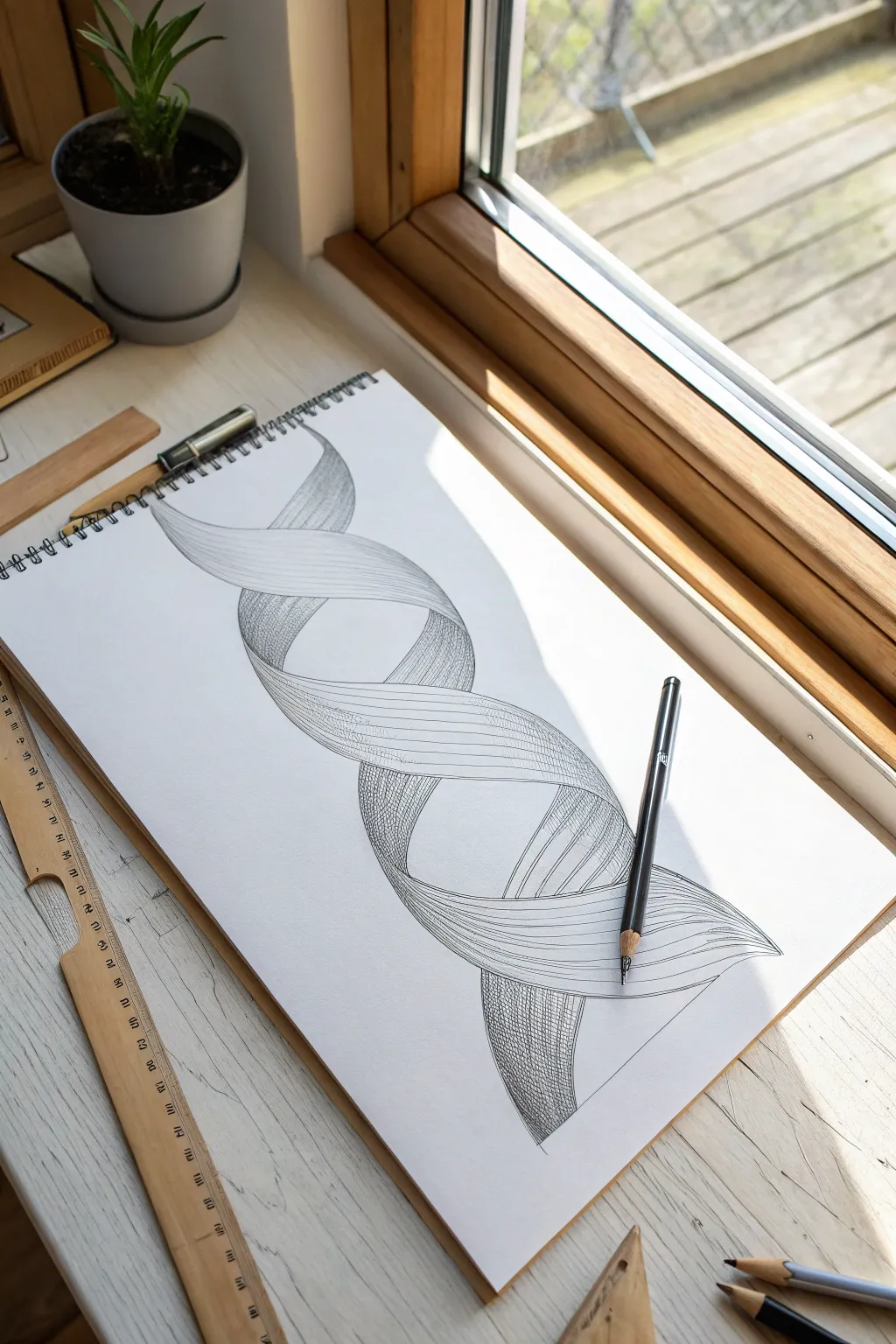 Try a bold 3D ribbon twist: clean contours, rich pencil shading, and lots of white space.