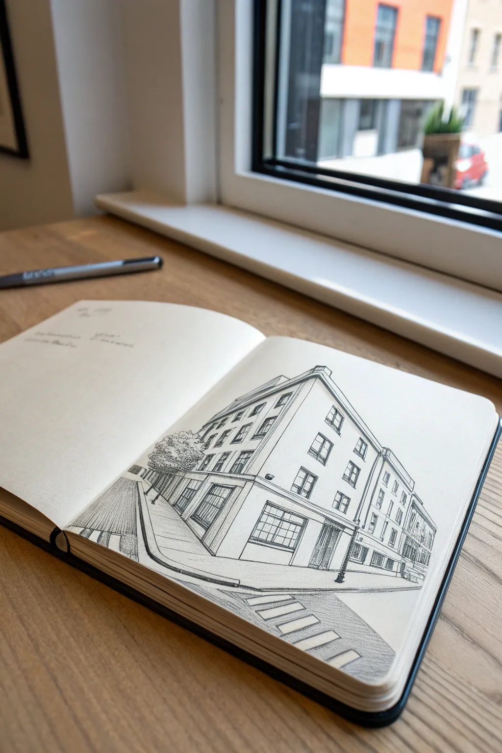 Crisp two-point perspective corner sketch with windows, clean lines, and soft Scandinavian-boho light.