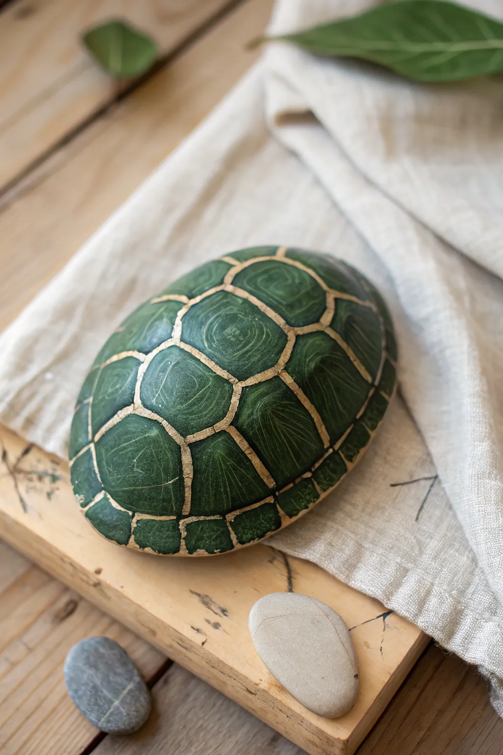 DIY turtle shell pet rock in calm greens, minimalist boho styling with crisp contrast