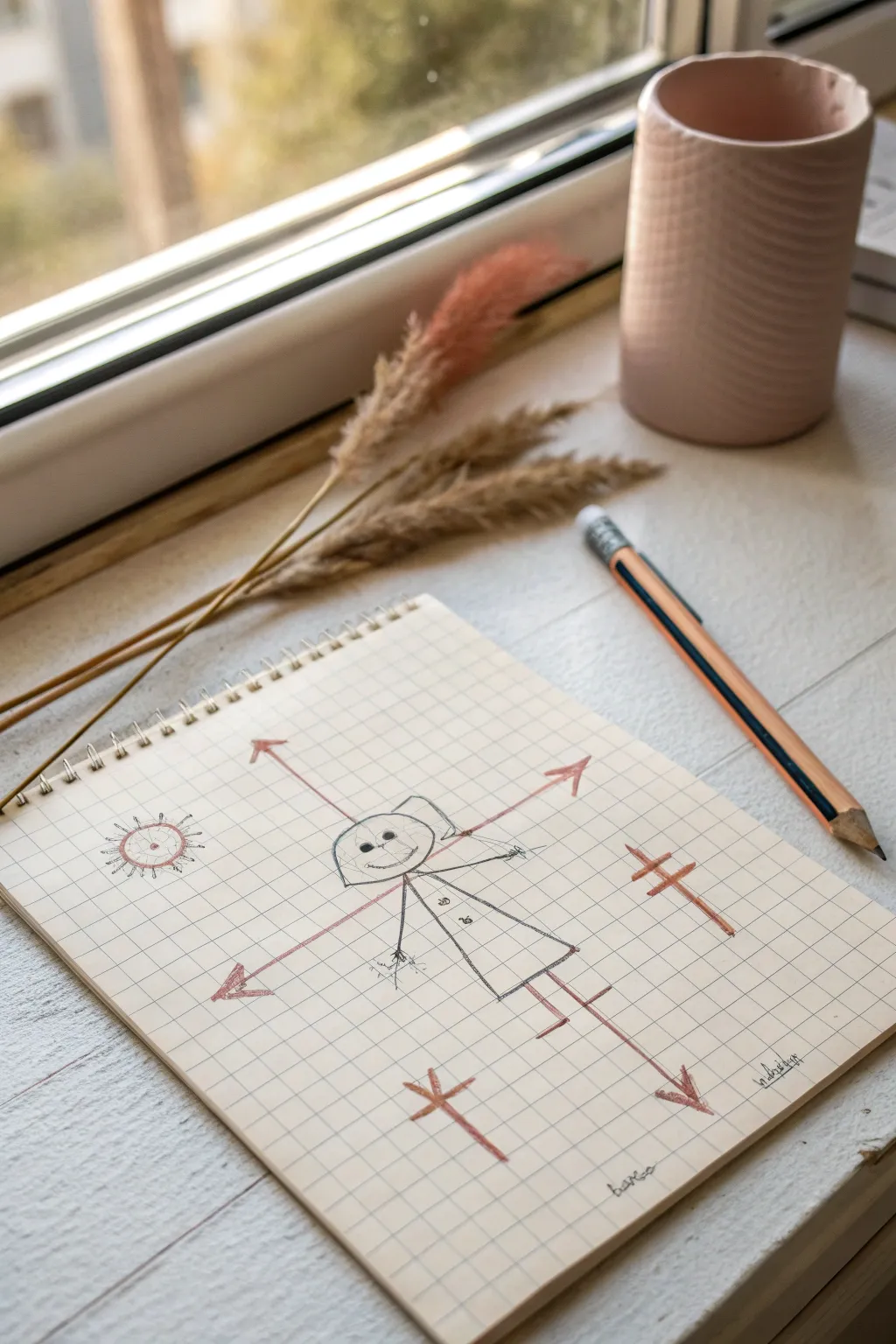 Minimal free-body diagram character on graph paper, a cute way to sketch forces.