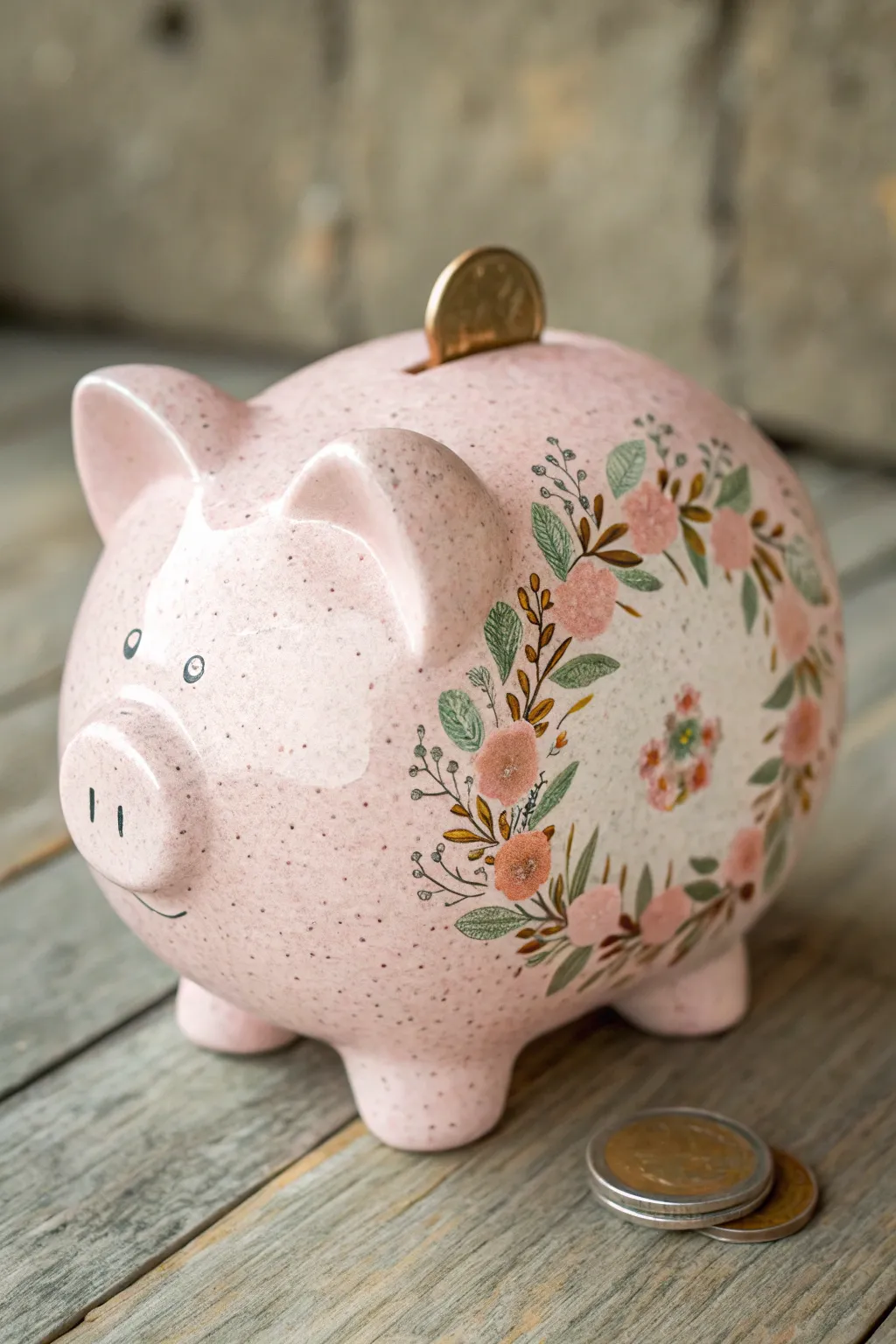 Blush piggy bank with a delicate leafy floral garland, minimalist boho charm and crisp contrast.