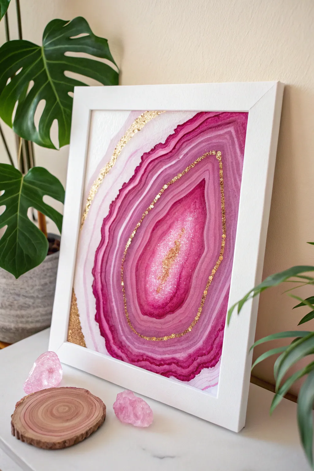 Layered pink geode bands with delicate gold veins for a luxe, minimalist boho abstract.