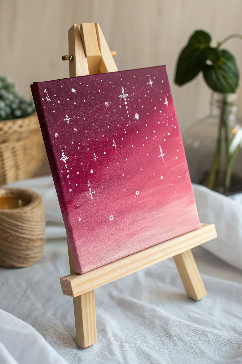 Paint a dreamy pink night sky with splattered stars for a minimalist, magical canvas at home.