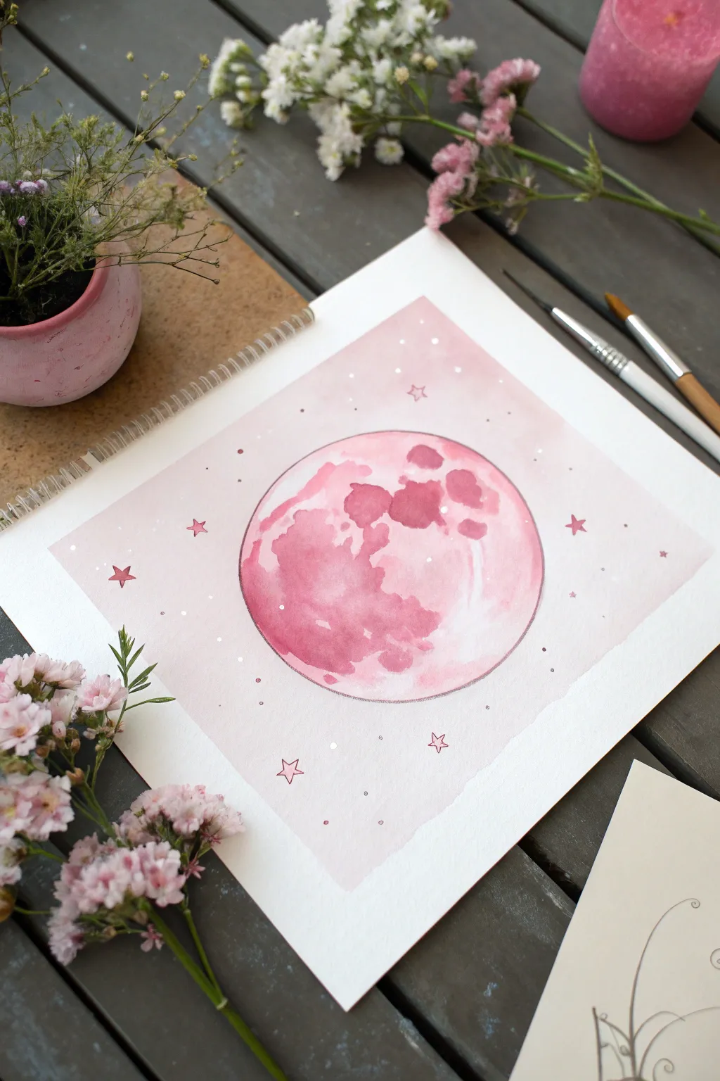 Easy pink moon watercolor with tiny white stars, minimalist boho vibe for dreamy night skies