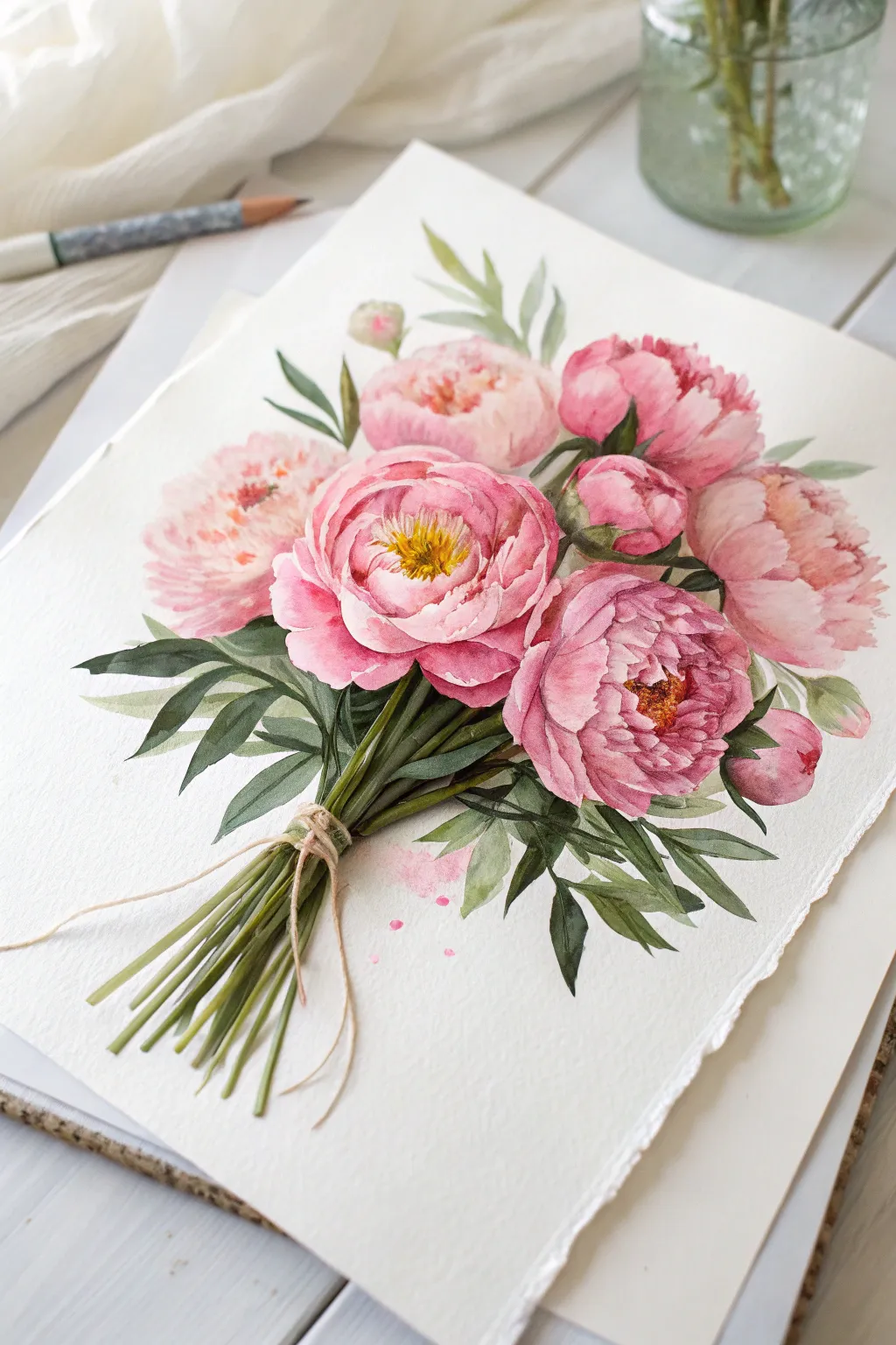 Loose pink peony bouquet in confident strokes with visible texture, bright highlights, clean contrast.