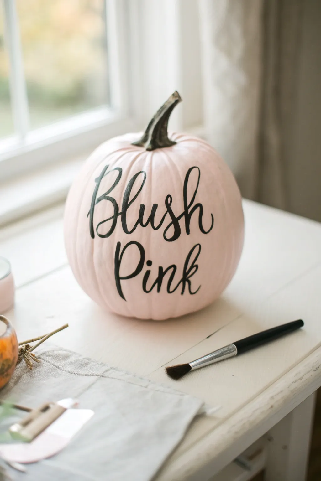 Blush pink pumpkin with crisp hand-lettered fall script, minimal studio styling and contrast.