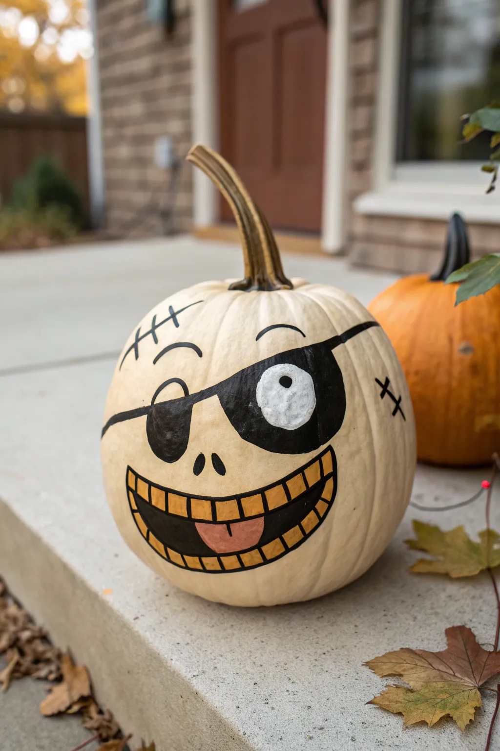 Paint a cheeky pirate pumpkin grin with a missing tooth and one bold gold tooth