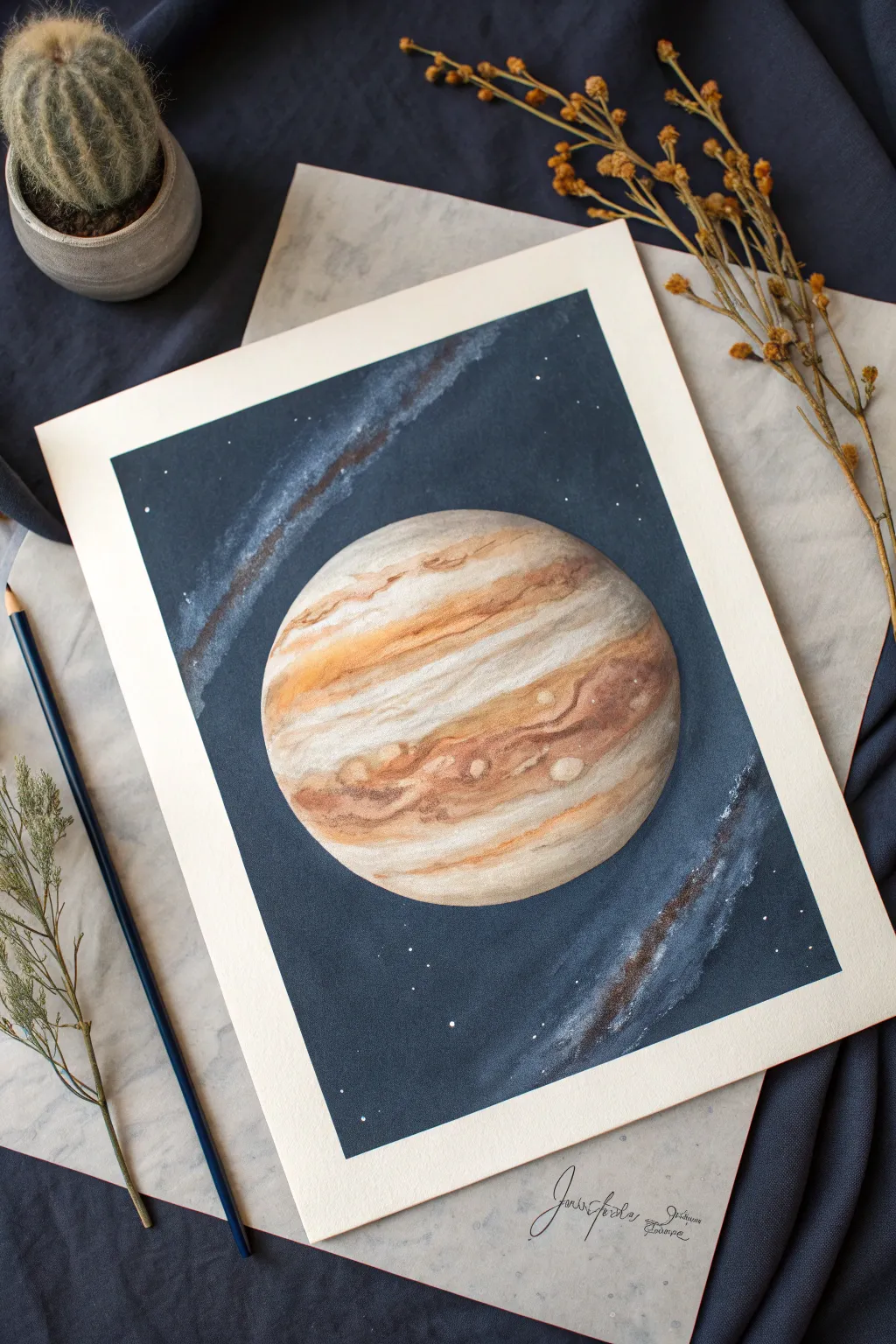 Creamy Jupiter bands with a bold storm spot, painted in soft blends for an airy, gaseous look.