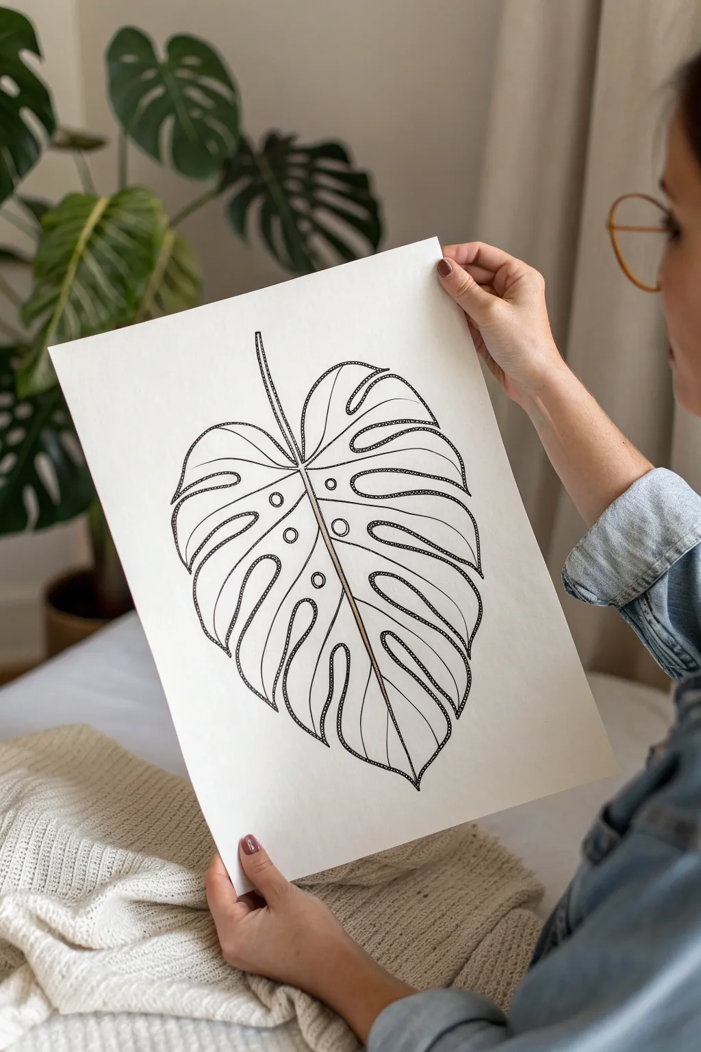 Bold monstera leaf drawing with striking negative space, minimalist Scandinavian-boho mood.