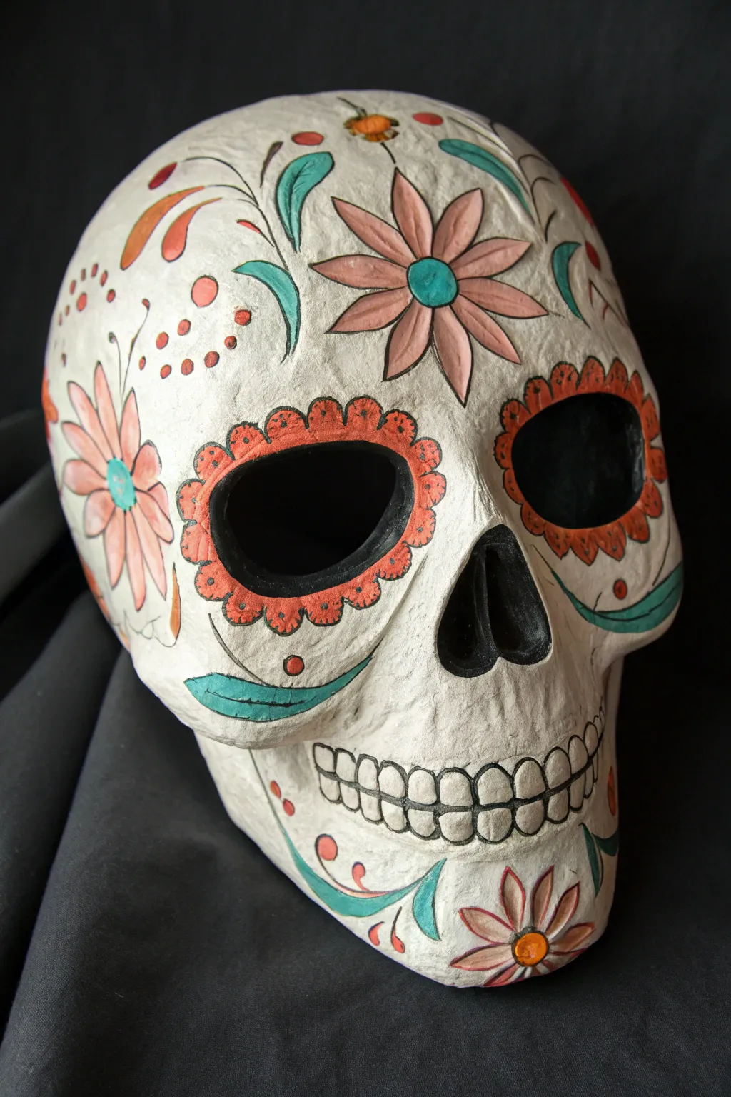 Sugar skull floral plaster mask in bold symmetry, centered on a dark minimalist backdrop