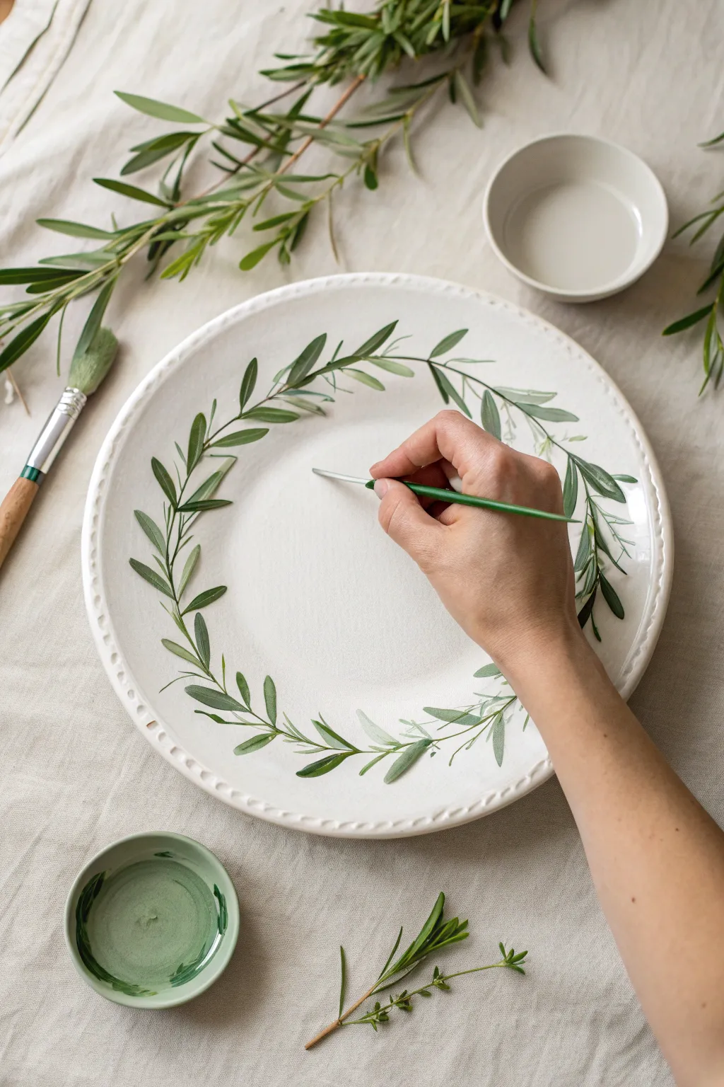 Paint an olive branch garland around a white platter rim with simple fine liner brush strokes.