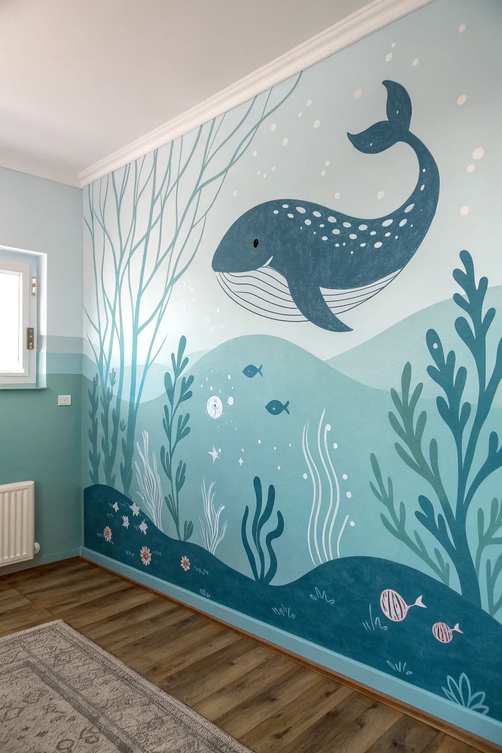 Soft blue-green underwater mural with gentle sea creatures for a calm, playful playroom nook