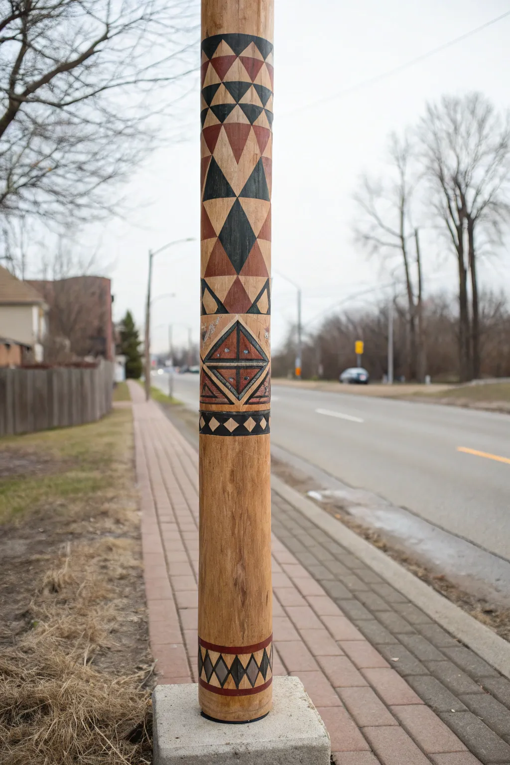 Tape-resist triangles and diamonds on a pole, clean lines and calm boho neutrals.