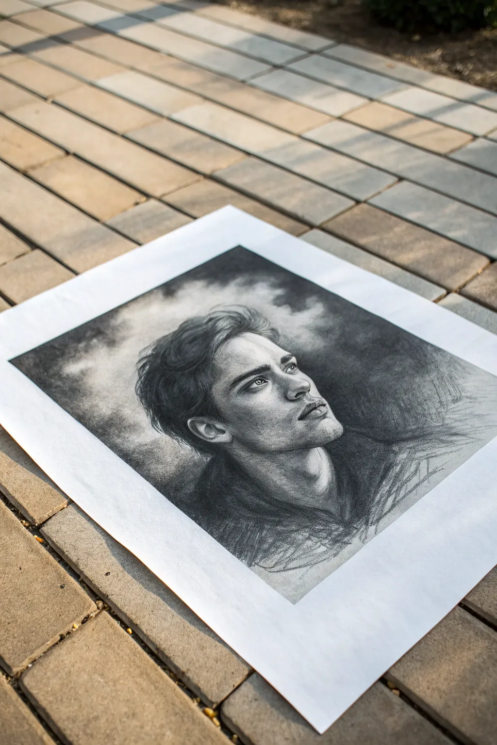 Velvety charcoal smoke swirls create a moody, soft backdrop that makes the face glow.