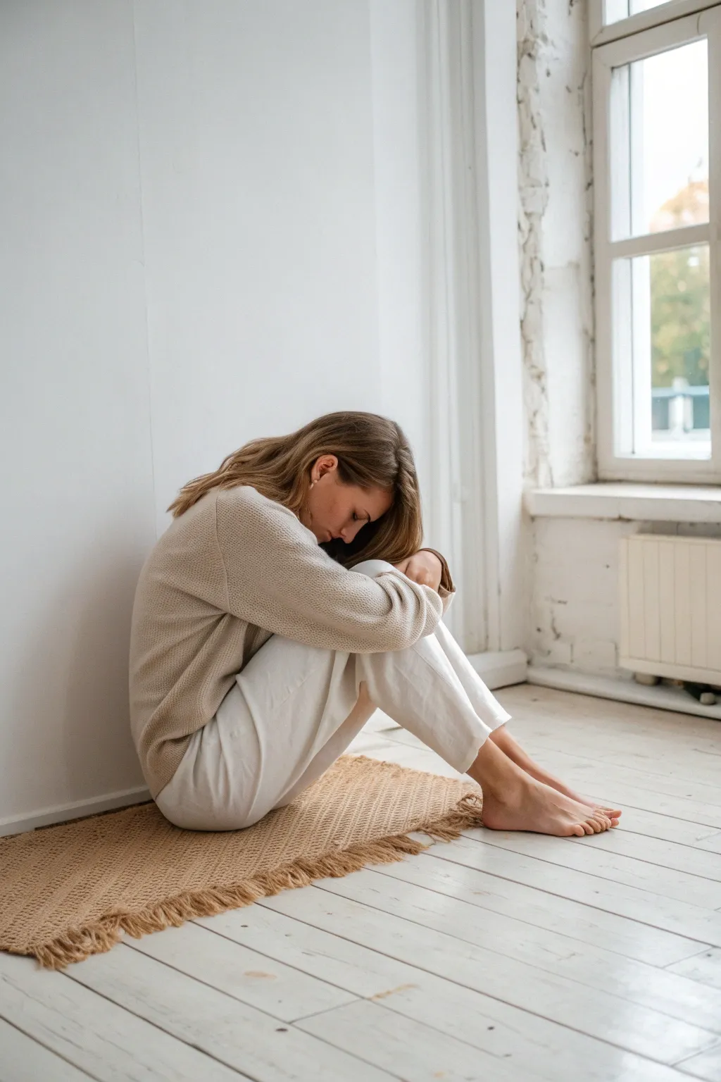 Floor hug pose reference with clear arm over leg overlap and a clean, minimal silhouette