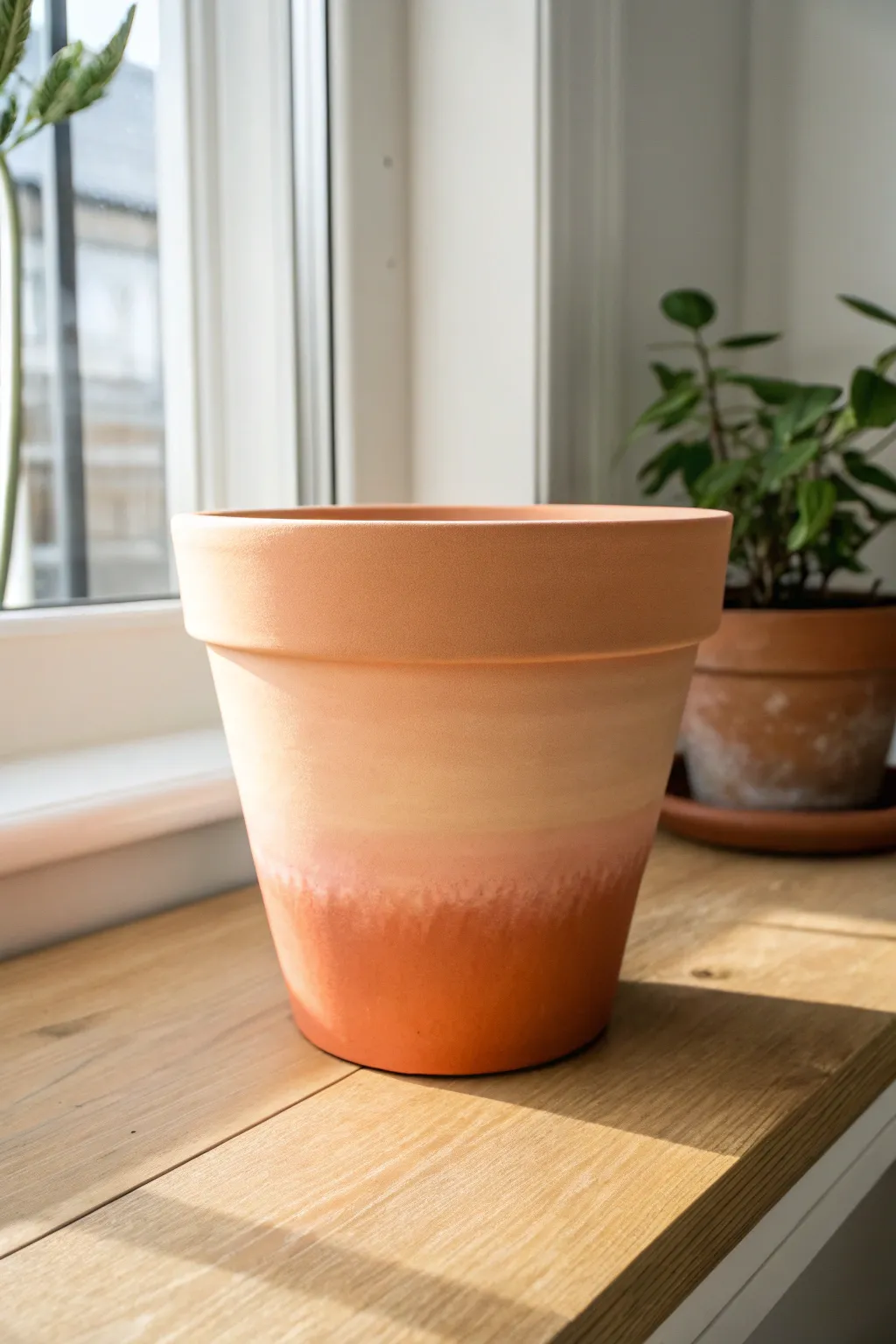 Soft ombre terracotta pot fading from deep clay to pale sand in bright minimal light