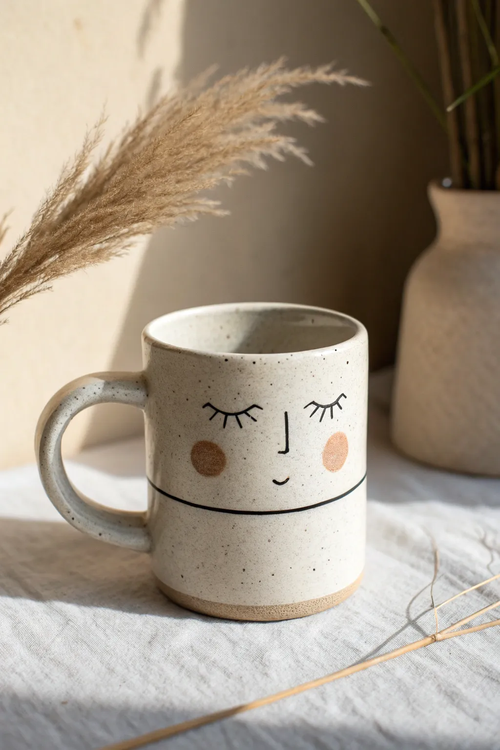Minimal line art face mug with soft blush dots, calm Scandinavian pottery inspiration.