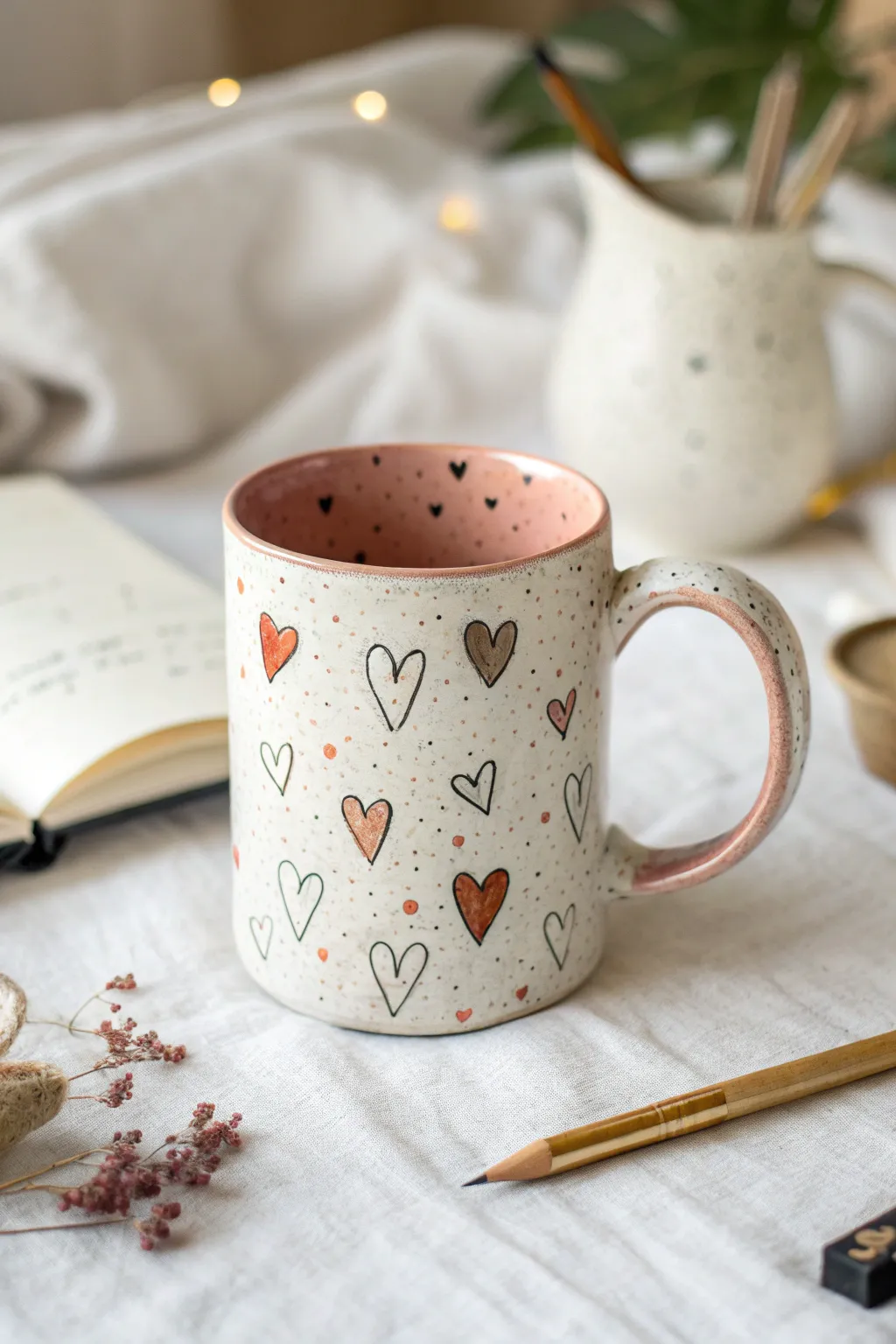 Tiny hearts and mini doodles turn a simple pottery mug into instant charm and Pinterest-perfect vibes