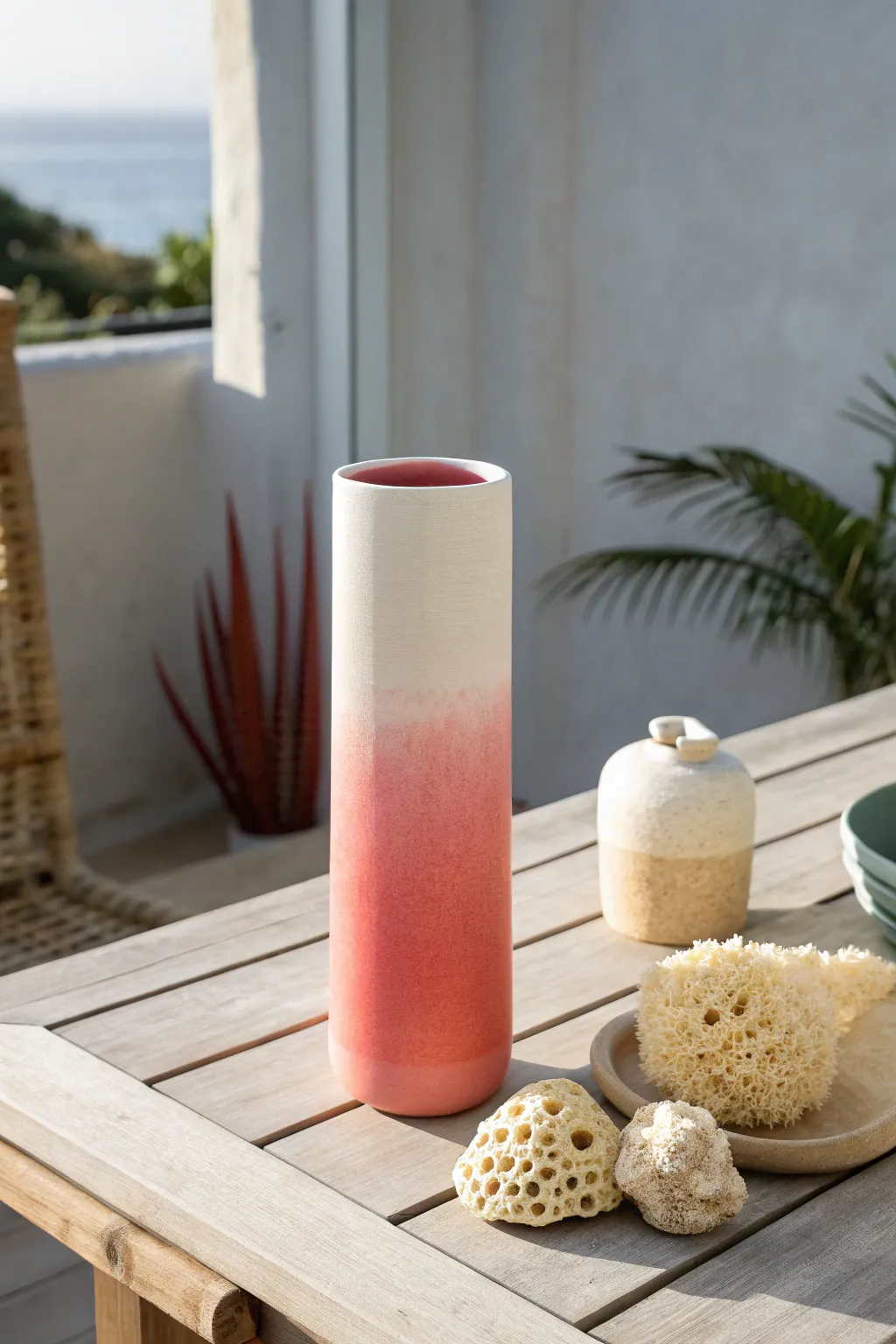 Blend warm coral and peach tones for a stunning sunset ombre effect on your pottery.