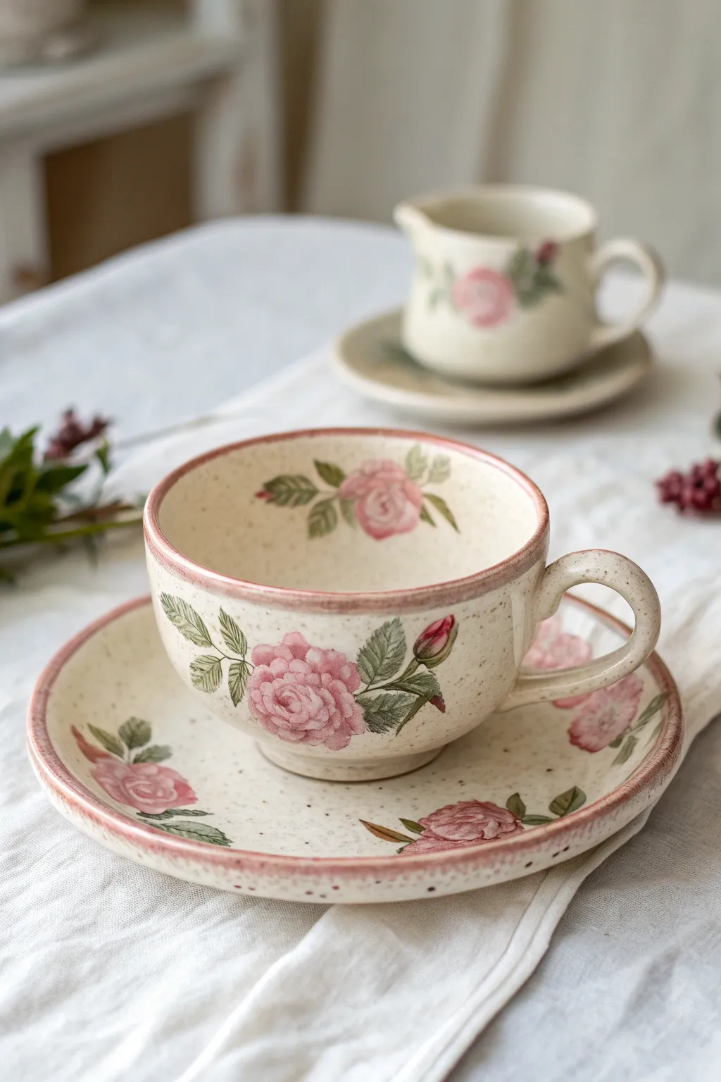 Dusty pink roses on a minimalist teacup set, perfect inspiration for vintage pottery painting.