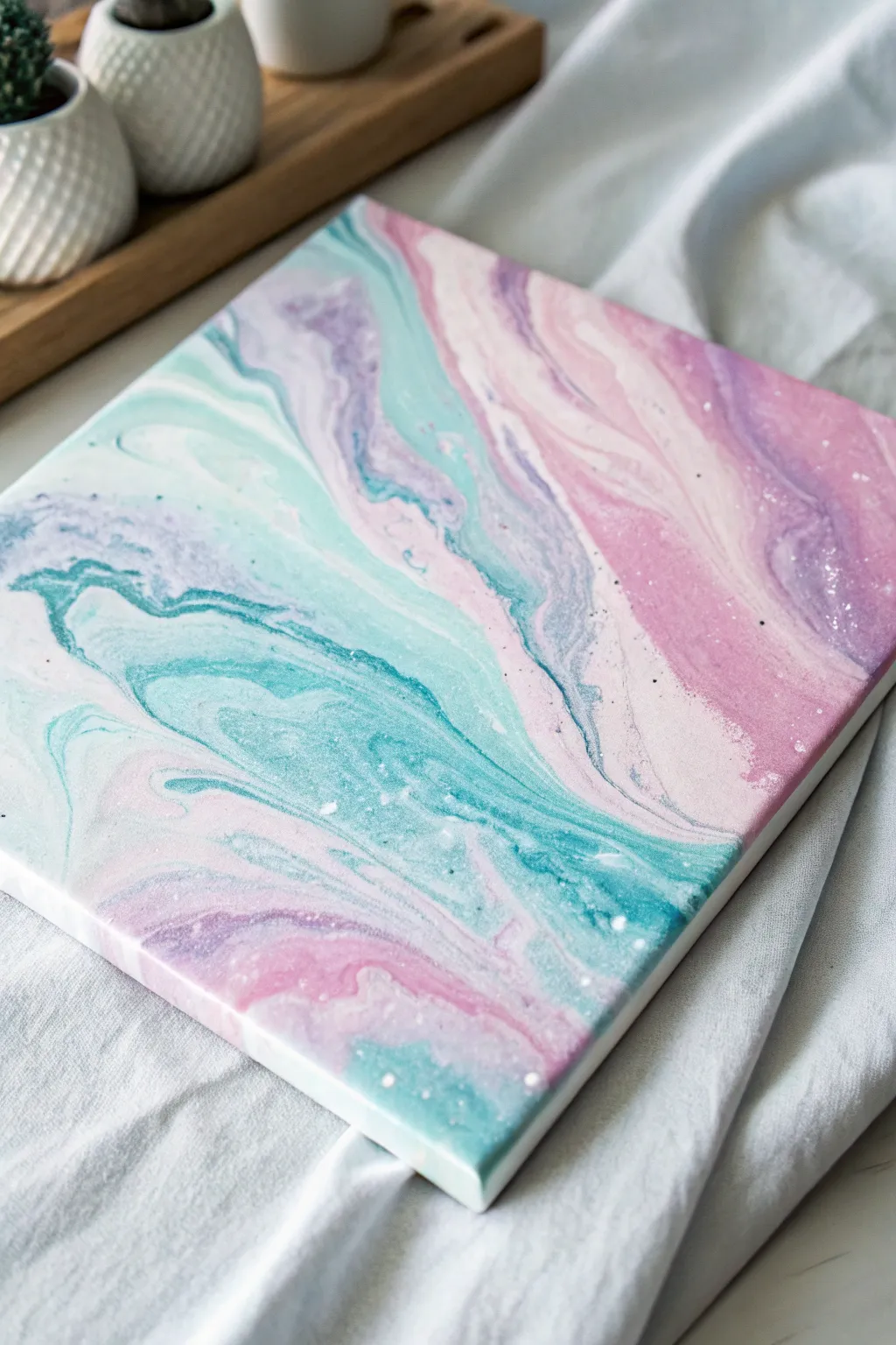 Airy pastel acrylic pour on crisp white base, minimalist boho calm with generous negative space.