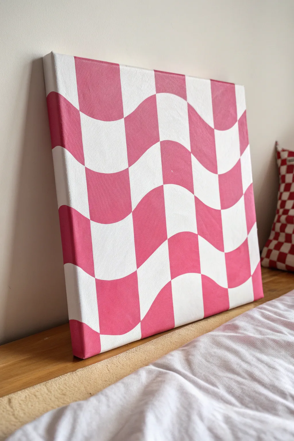 Hot pink and white wavy checkerboard painting idea with crisp contrast and Y2K preppy vibes