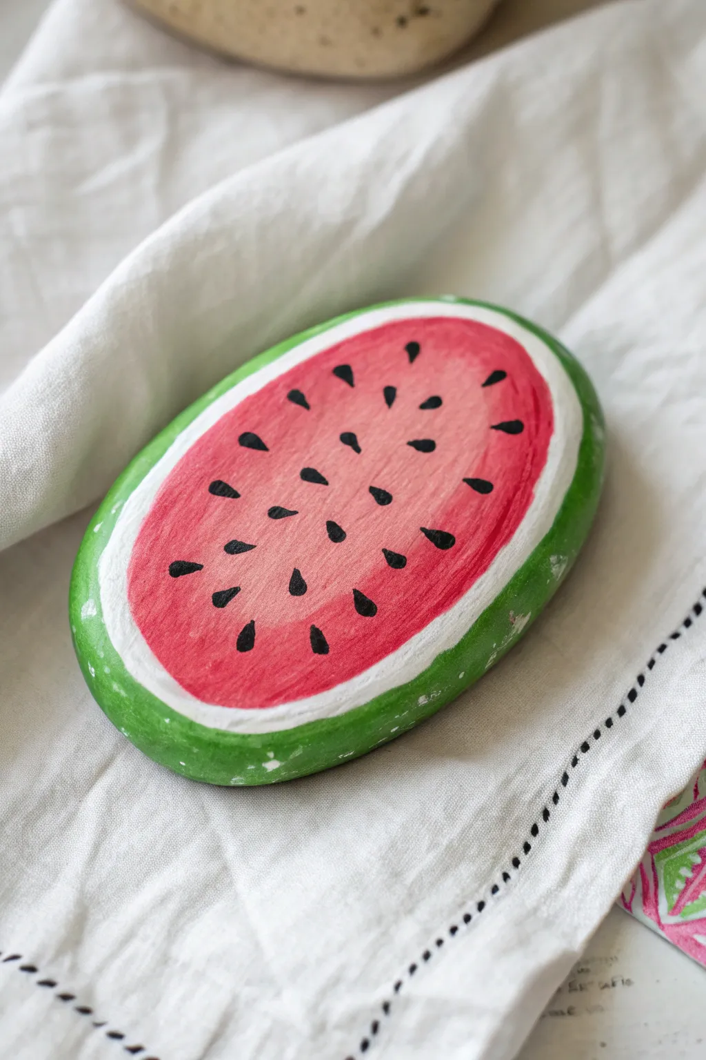 Sweet summer watermelon rock: clean seeds, crisp rind, and minimalist boho vibes for preppy crafts.