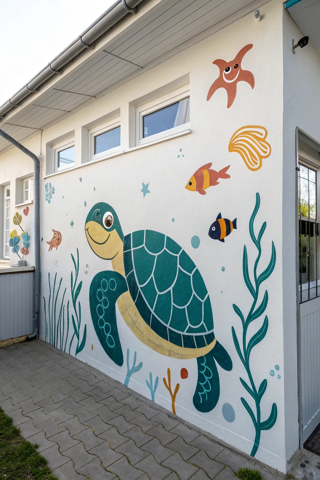Sweet sea turtle mural centerpiece with simple fish and seaweed in high-contrast, minimalist boho style