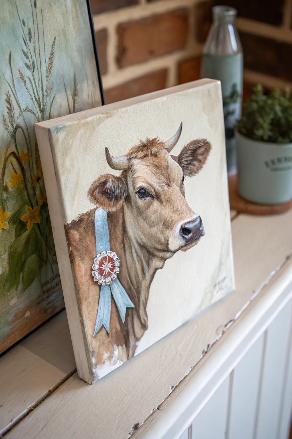 Primitive prize cow portrait with a soft blue ribbon, earthy neutrals, and cozy handmade charm