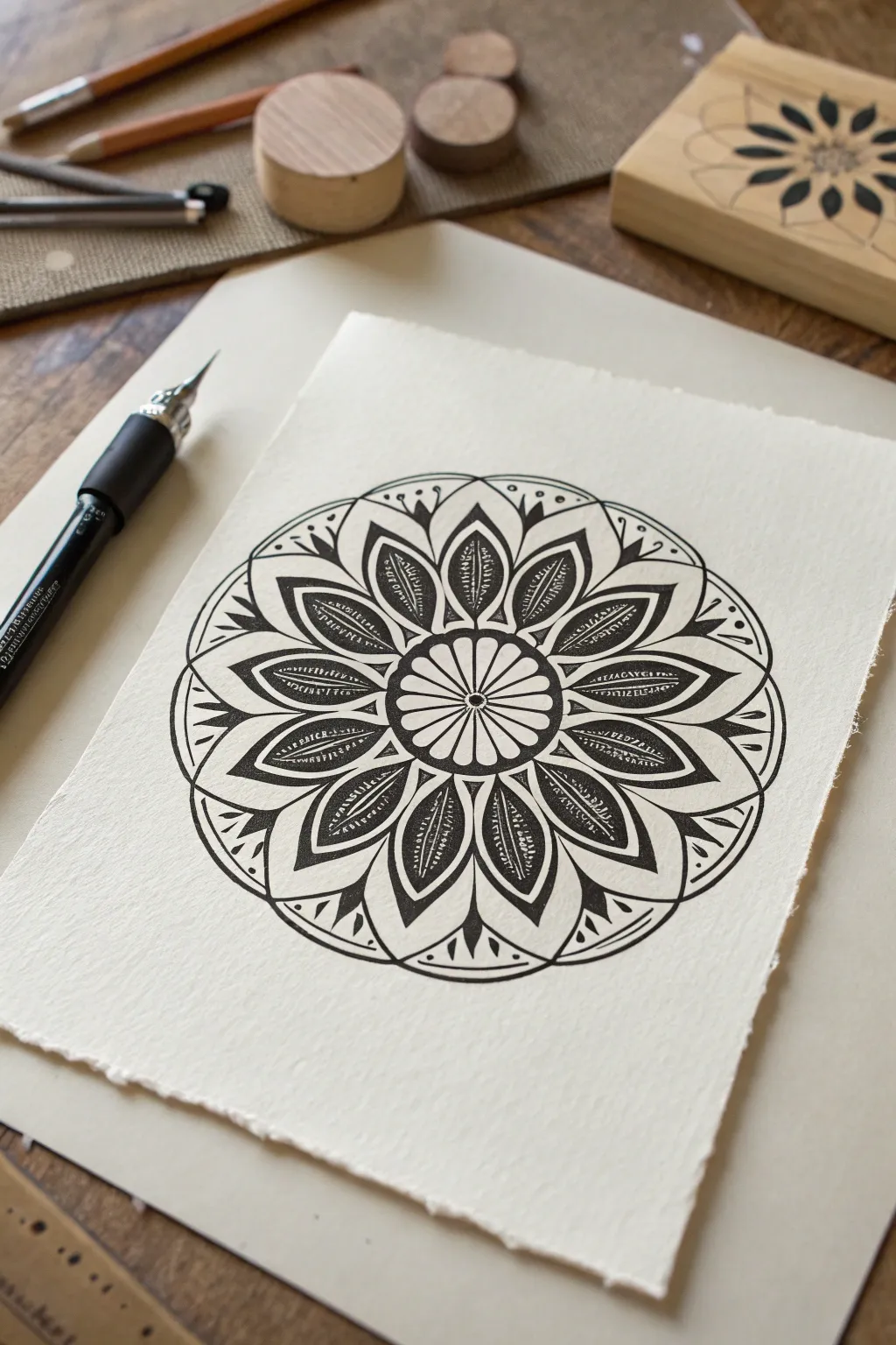 Easy floral mandala block print with simple symmetry thumbnails for clean, calming Scandinavian style