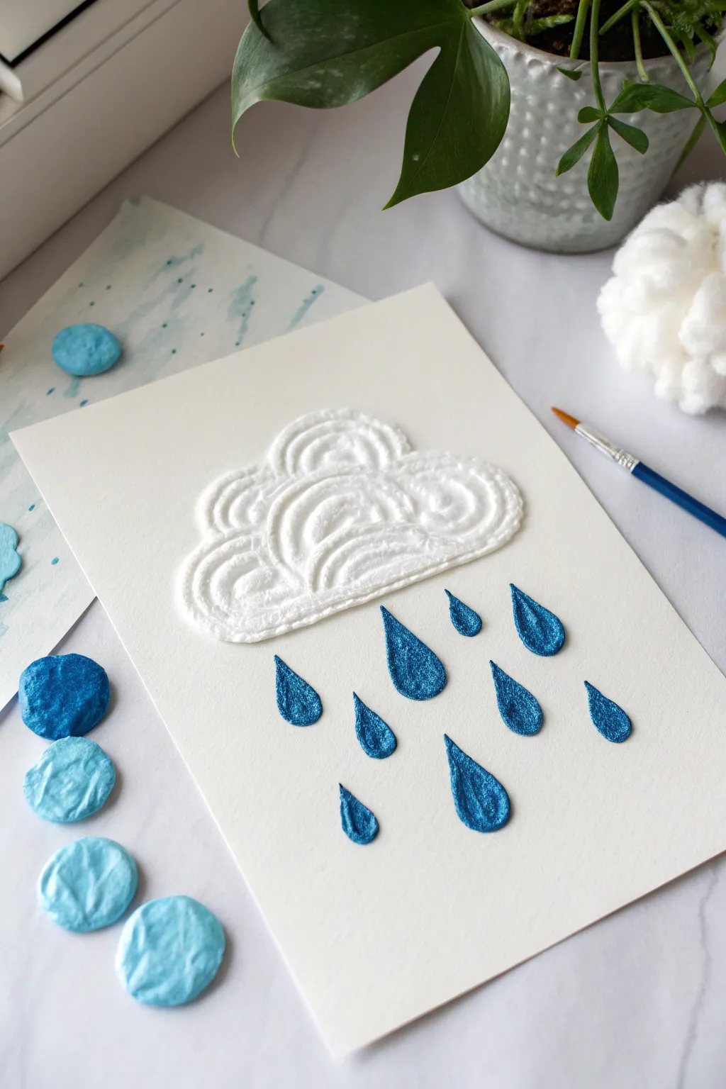 Minimal puffy paint cloud with 3D texture and blue raindrops, crisp contrast and soft light