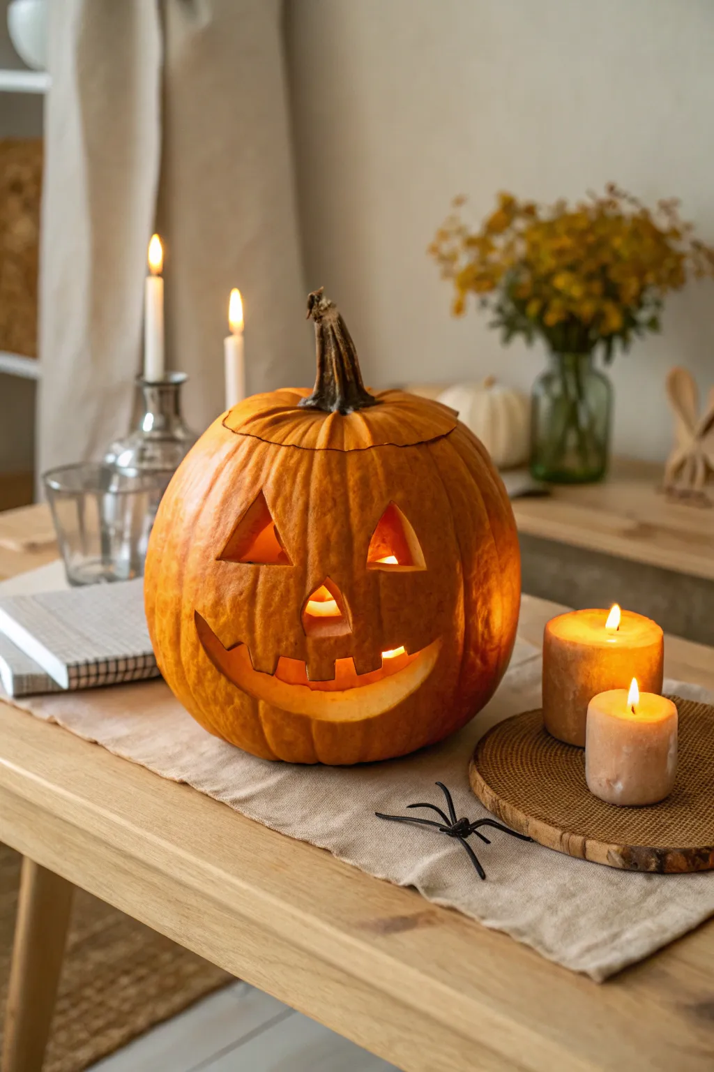 Cross-eyed pumpkin carving with a goofy grin, cozy studio glow, minimalist boho vibes.
