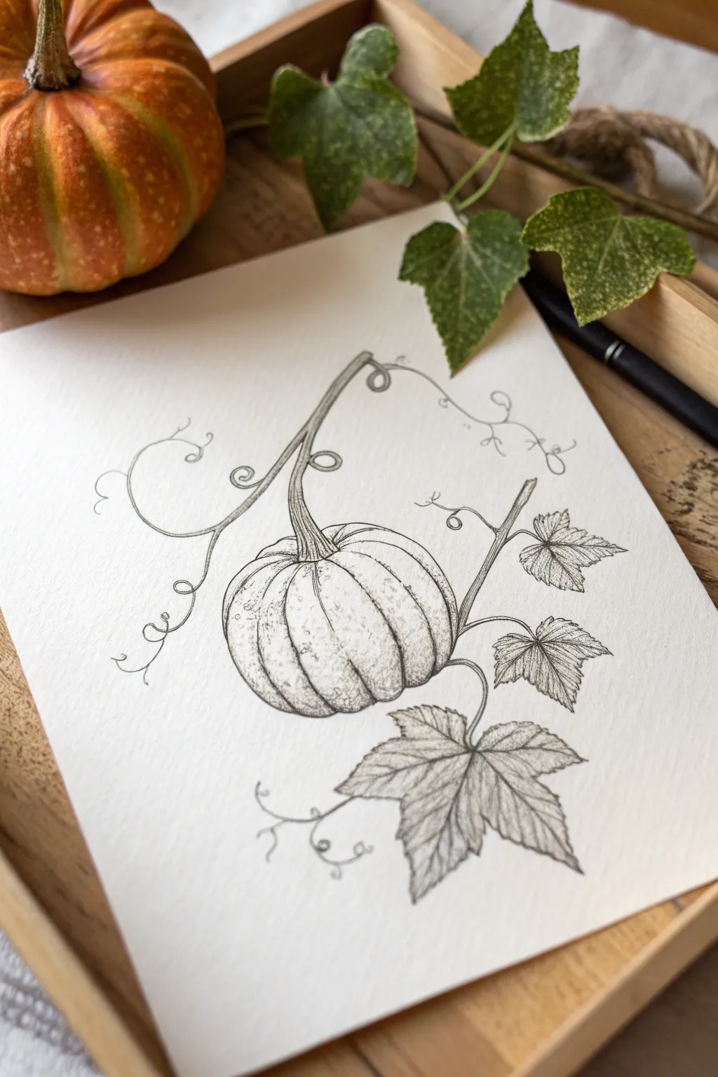 Fine-line pumpkin stem with curly vines and leaves, simple Scandinavian-boho detail study