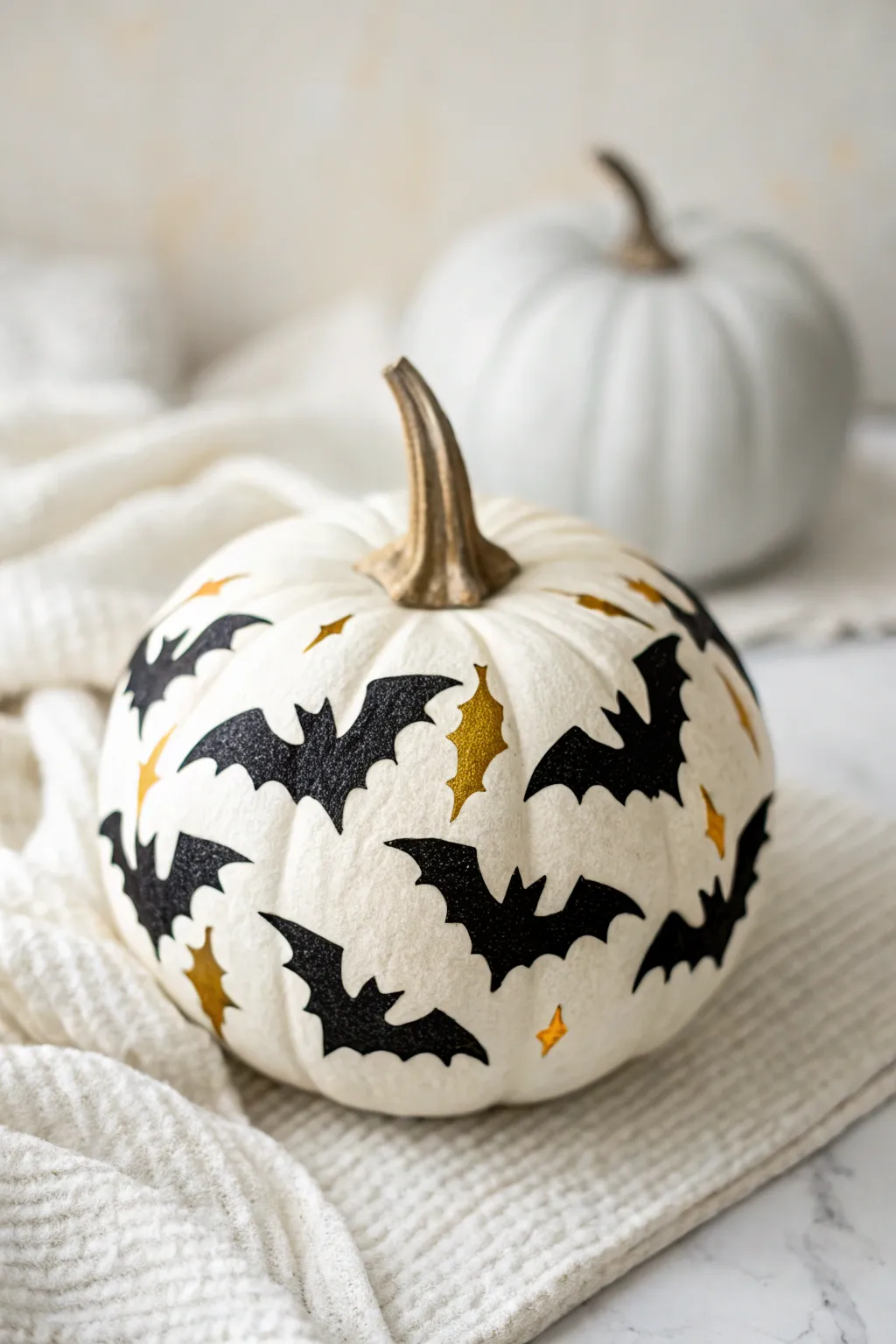 Minimalist bat swarm pumpkin with bold black silhouettes and subtle metallic highlights