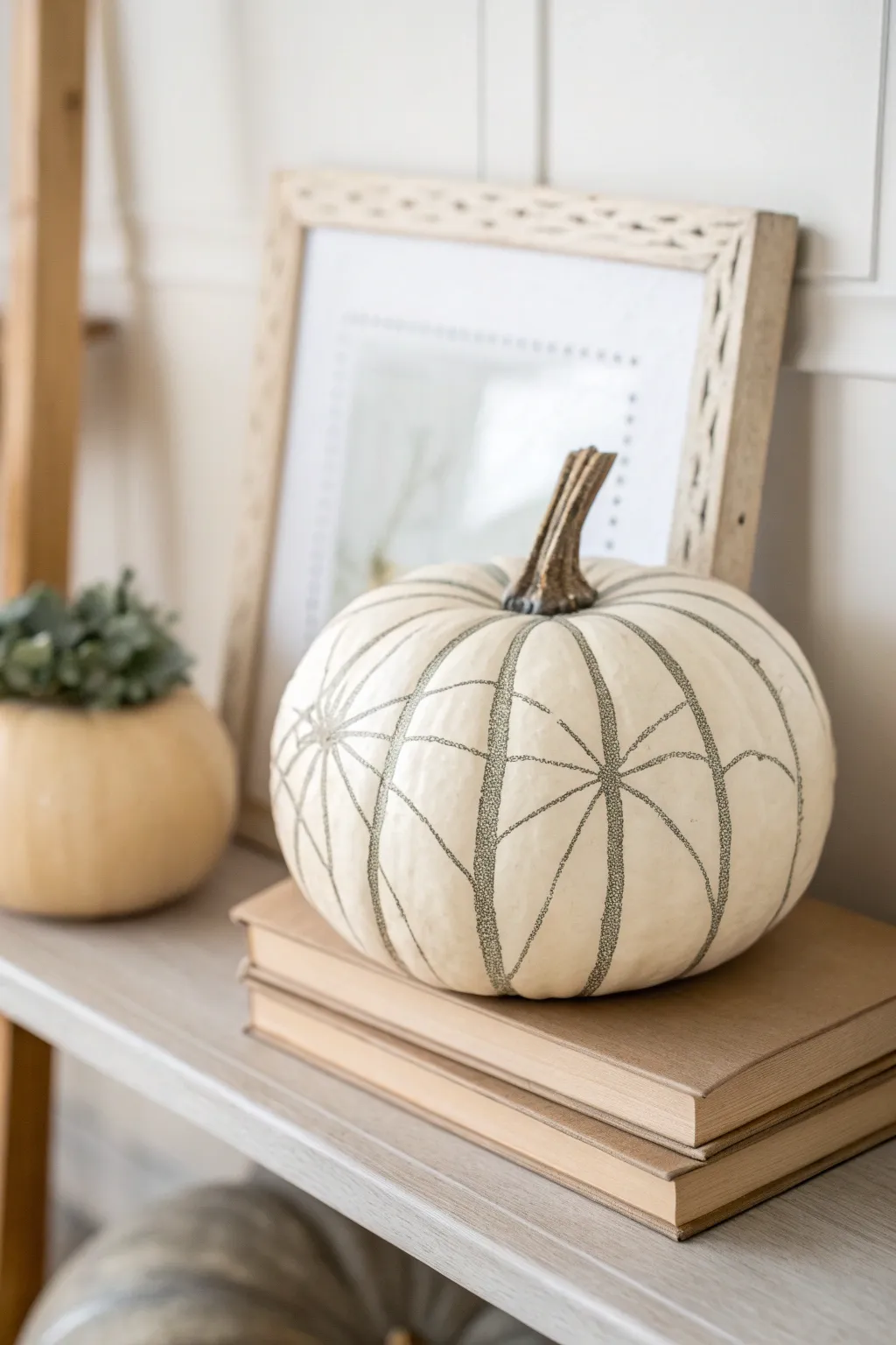 Minimalist pumpkin with delicate tone-on-tone spiderweb lines in a soft Scandinavian shelf vignette