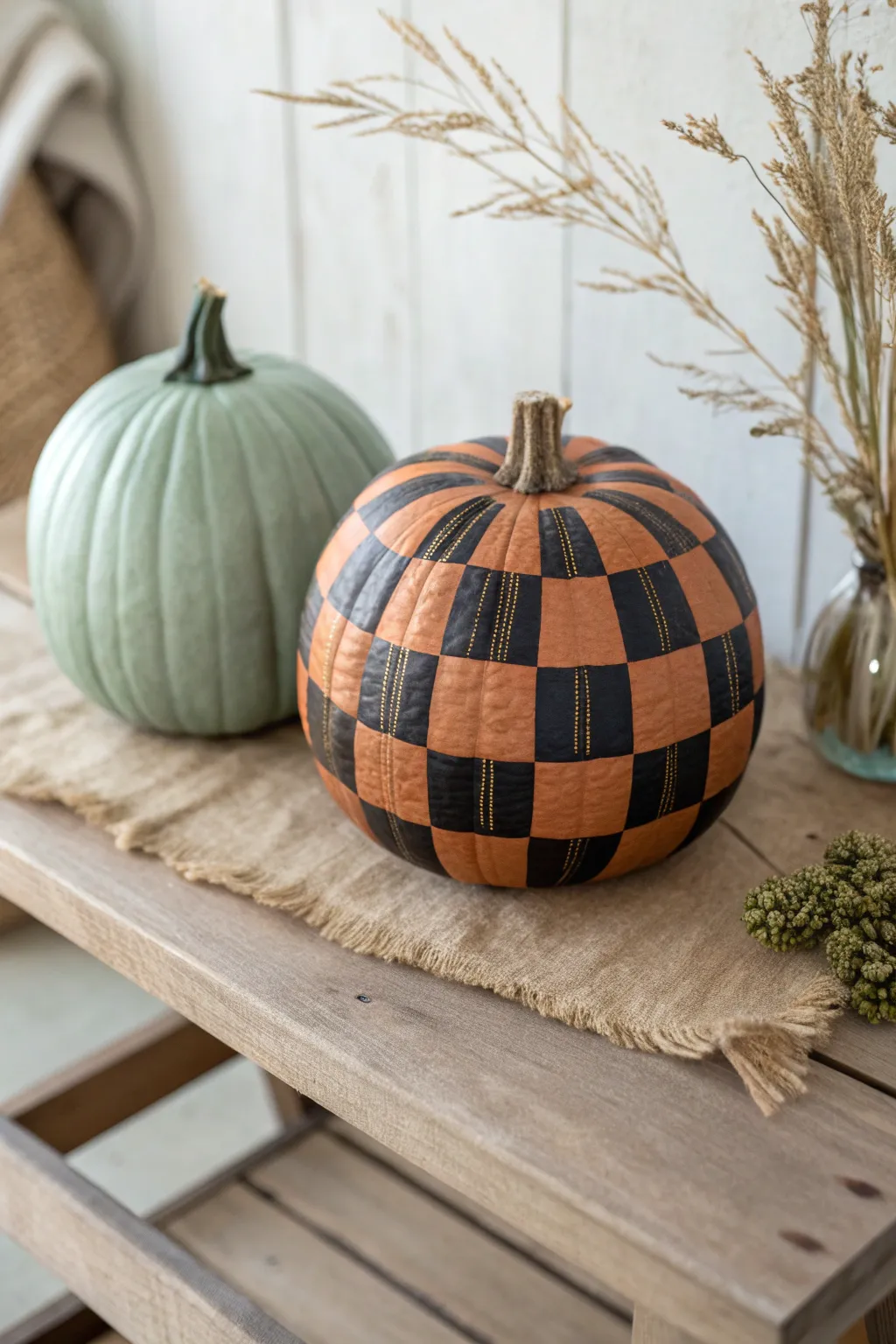 Buffalo plaid pumpkin pattern with cozy fall contrast, minimalist Scandinavian bench styling