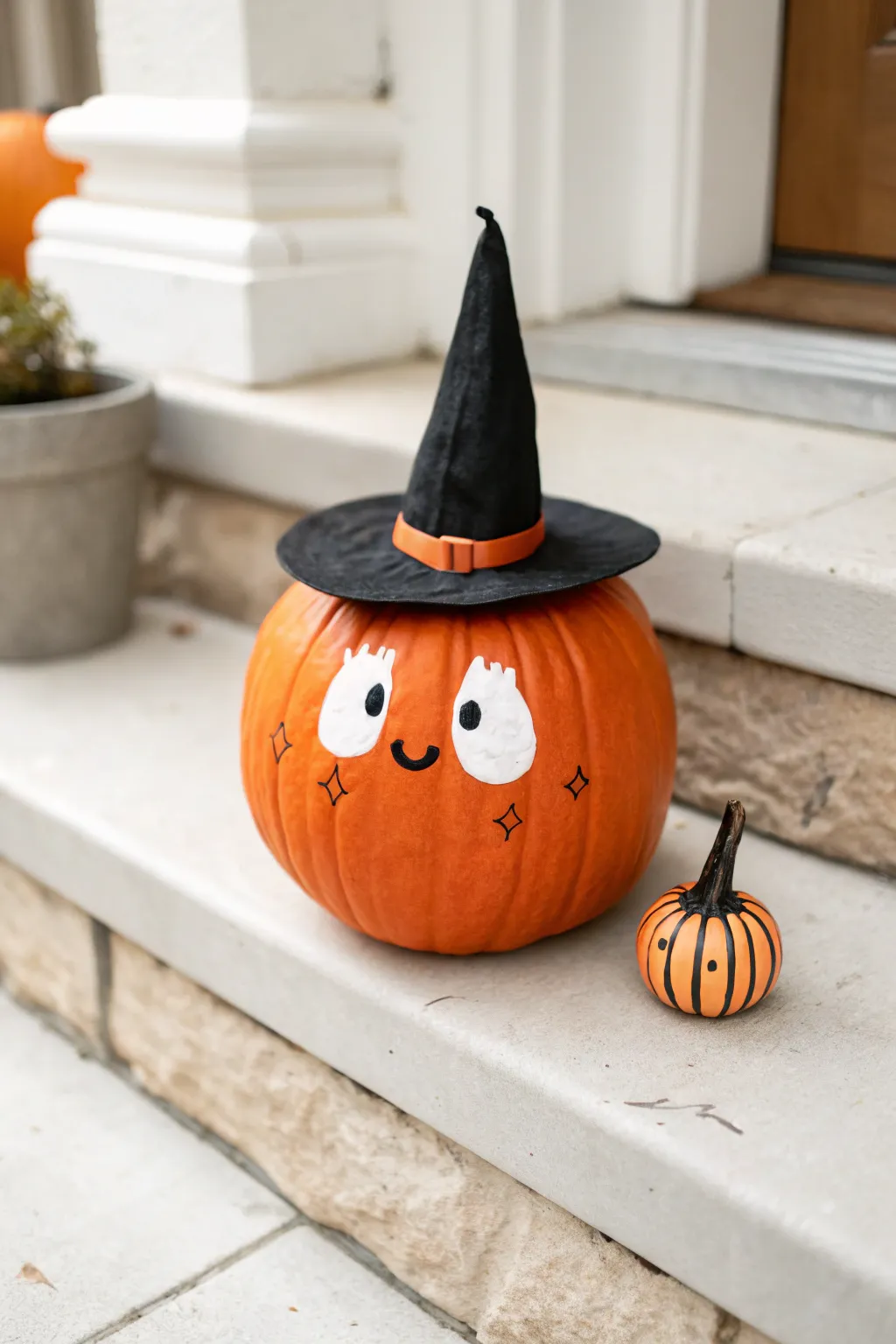 Sweet witch hat pumpkin portrait, an easy kid-friendly idea with minimalist porch charm.