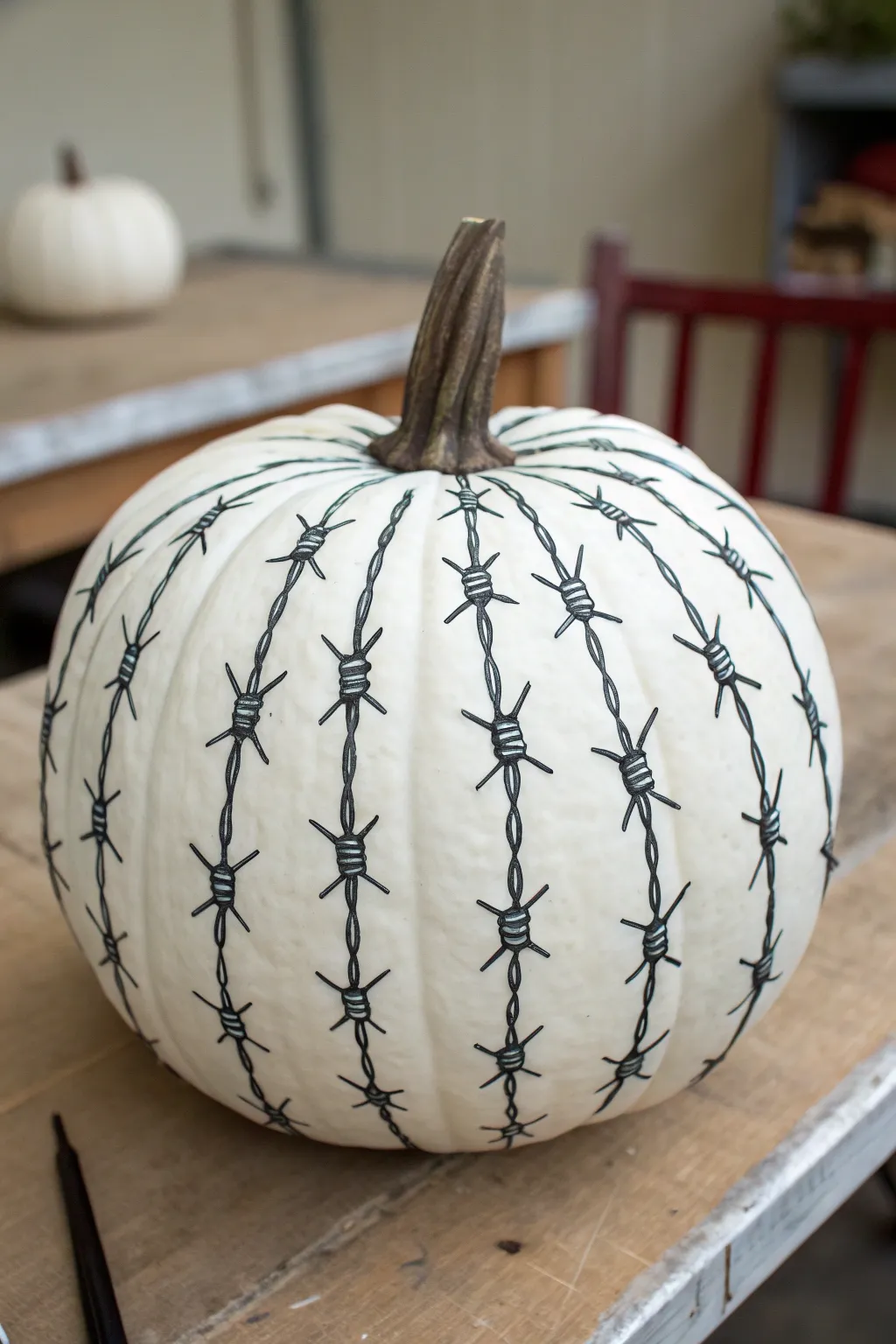 Bold barbed wire illusion on a pumpkin, crisp black and white contrast on rustic wood.