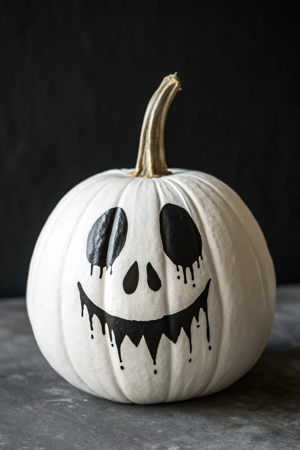 Minimalist ghost pumpkin with an inky black dripping mouth, moody contrast and spooky elegance.