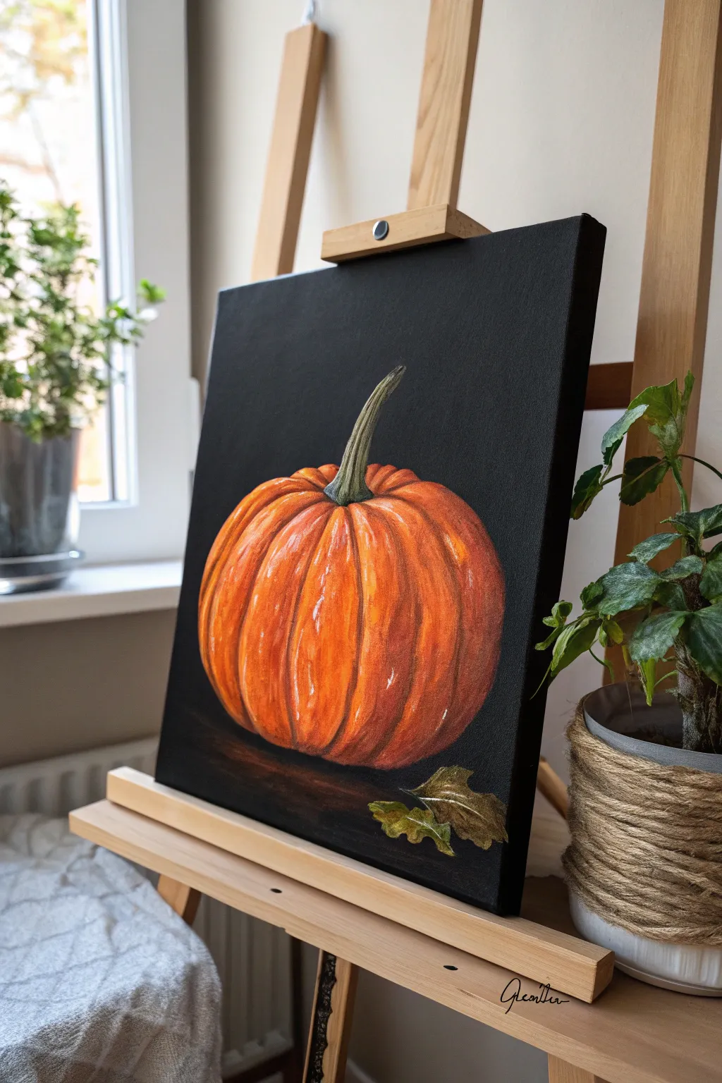 Dark charcoal background and crisp highlights make this glowing orange pumpkin canvas pop